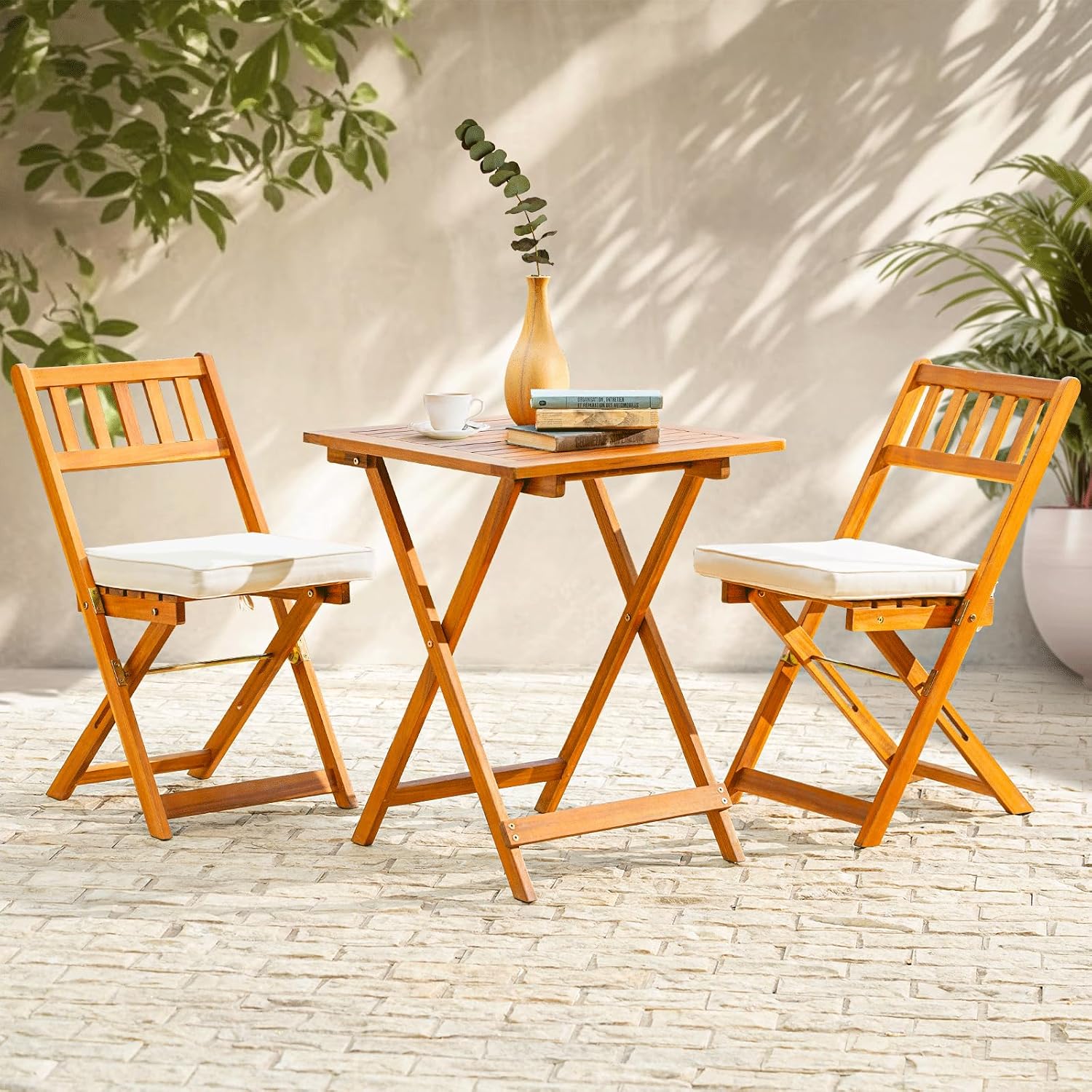 Heavy Duty 400lbs Capacity Patio Bistro Sets, 3 Piece Outdoor Folding Chairs with Cushions and Square Table, FSC-Certified Acacia Wood, Space-Saving Design for Balcony, Garden and Porch