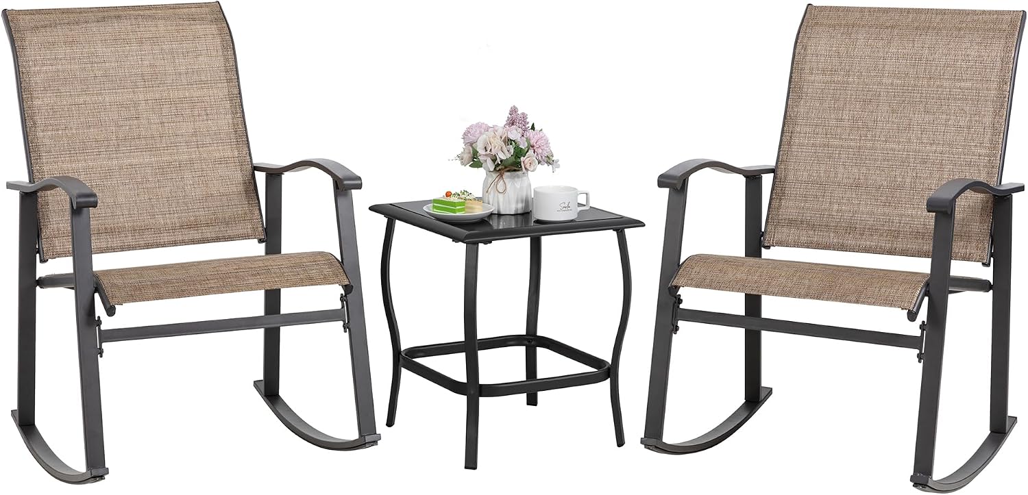 3 Piece Rocking Bistro Set, Outdoor Furniture with Rocker Chairs and Glass Coffee Table Set of 3, Balcony, Porch Furniture for Small Space, Blue - Image 2