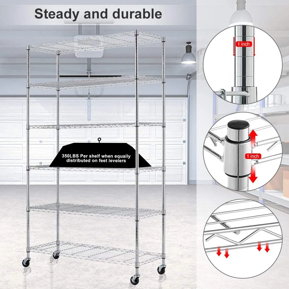 6 Tier Layer Wire Shelving Unit Heavy Duty Adjustable Storage Shelves with Wheels Easy to Assemble Metal Wire Shelf Standing Garage Shelves Multifunctional Storage Rack Grade Utility Shelf Rack - Image 7