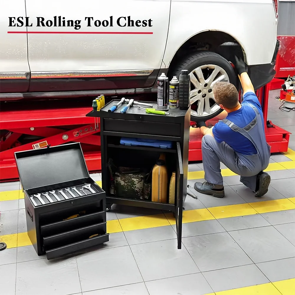 Rolling Tool Chest, 5 Drawers with Big Cabinet, Tool Trolley with 4 Universal Lockable Wheels and Lock Bar, Great Black Tool Cart for Garage Workshop, Sturdy Heavy Duty Tool Storage, Easy Assemble - Image 2