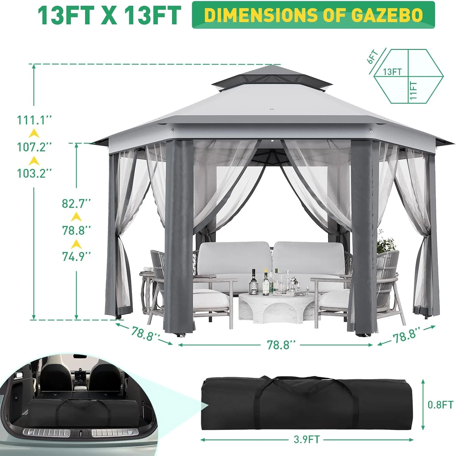 Pop Up Gazebo 13x13ft, Hexagonal Outdoor Canopy Shelter, Instant Patio Gazebo Tent with Mesh Netting and Strong Steel Frame for Patio Backyard Garden Wedding Party - Image 19