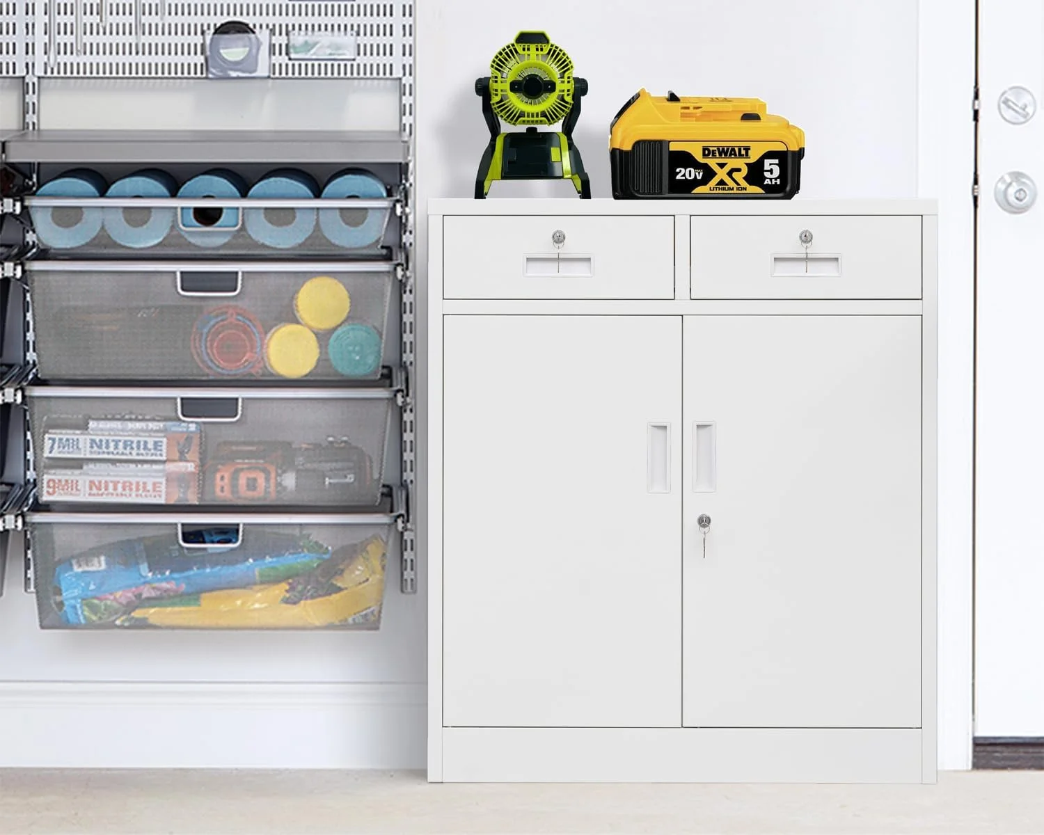 BESFUR Metal Garage Storage Cabinet with 2 Doors and 2 Drawers, Locking Stoage Cabinet for Garage, Classroom and Office - White - Image 6