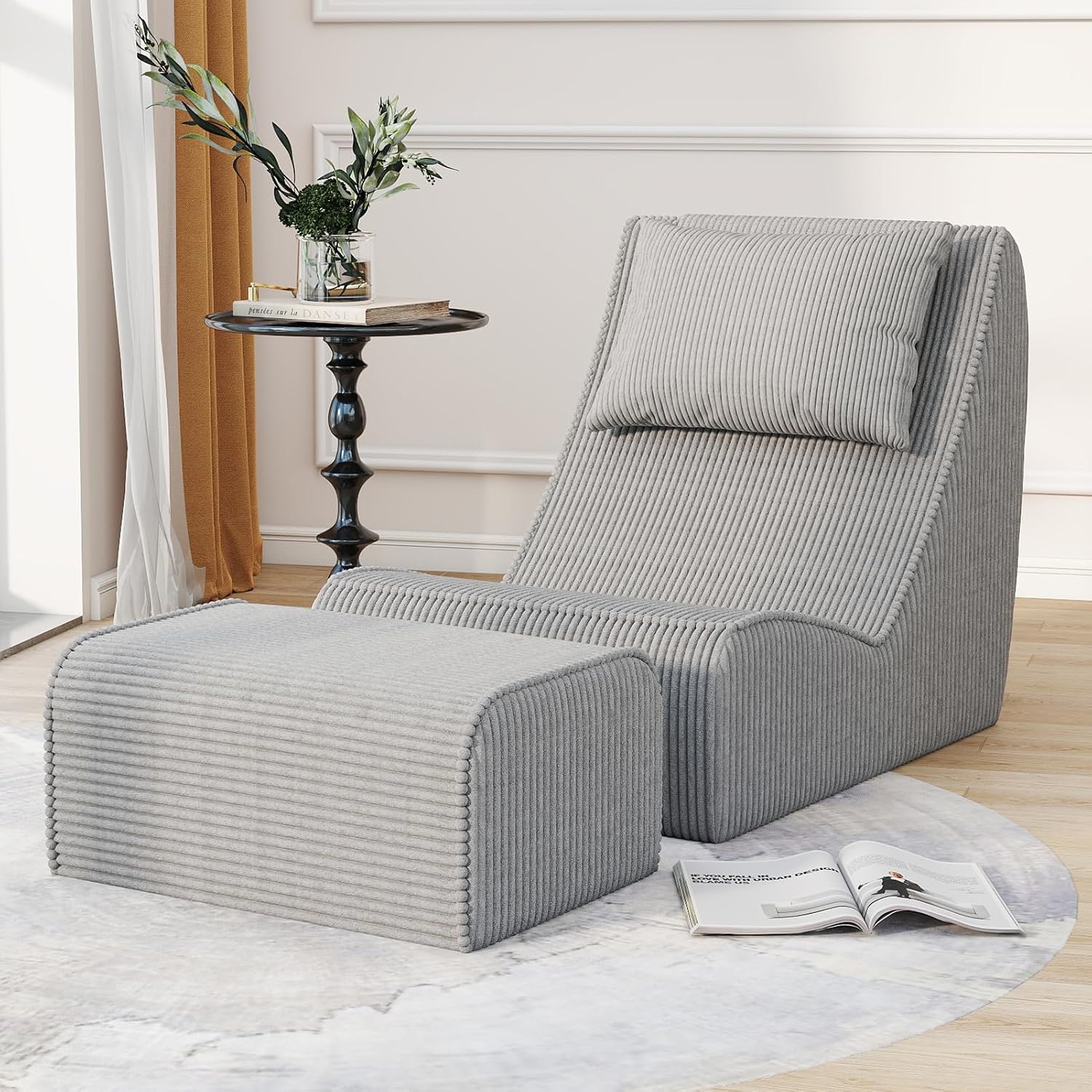 Chaise Lounge Chair with Ottoman,Giant Corduroy Bean Bag Chair for Adults - Image 9