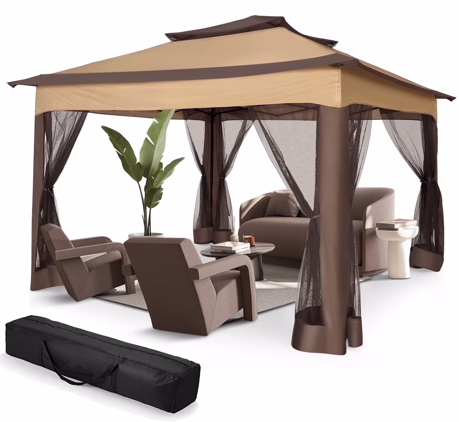 COBIZI 11x11 Pop up Gazebo Outdoor Canopy Gazebo Patio Gazebo with Mosquito Netting Canopy Shelter with 121 Square feet of Shade for Poolside, Garden, Party and Backyard, Khaki - Image 5