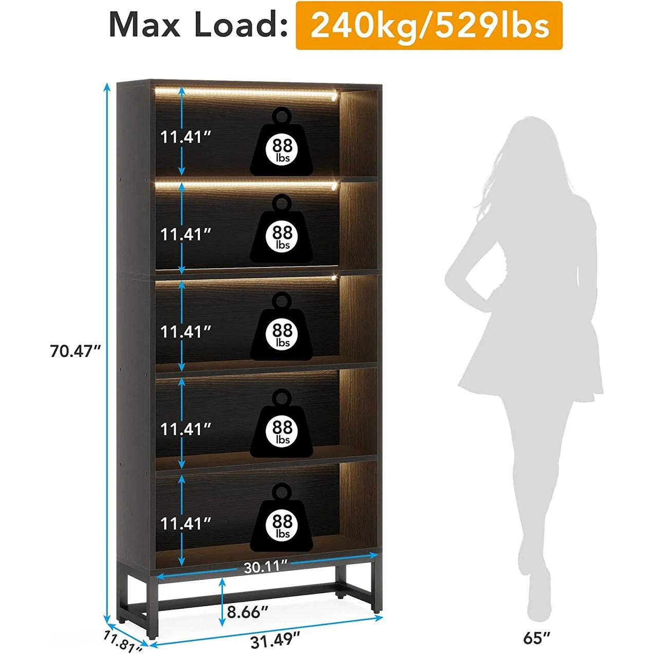 70.87 Inch Tall 5-Tier Bookcase, Large Bookshelf with 31.5 Inch Wide Storage - Image 13