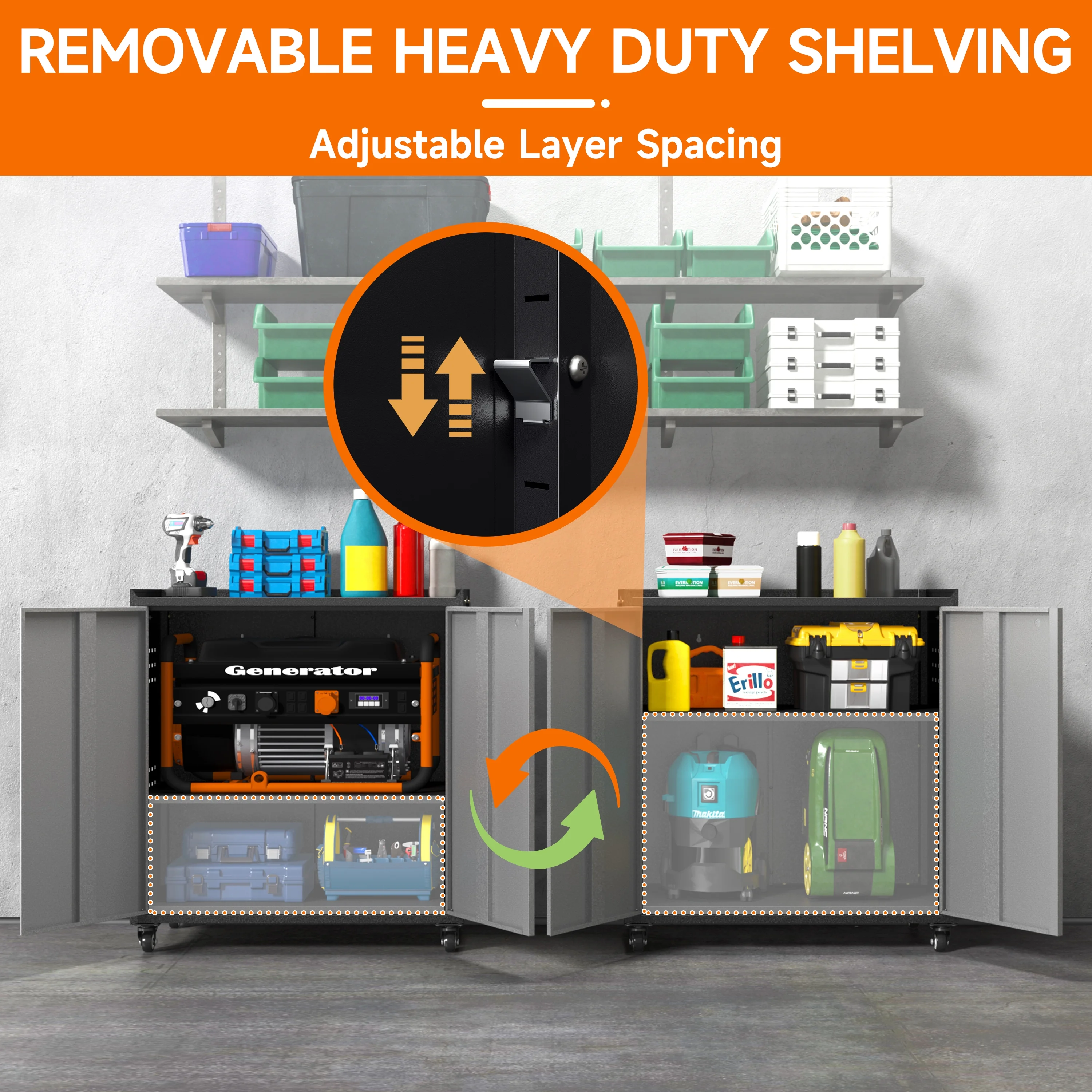 Metal Storage Cabinet with Wheels,Tool Storage Cabinet with Doors and Shelves Adjustable,Heavy Duty Garage Storage Cabinet,Steel Locking Storage Cabinet for Garage/Warehouse/Office/School/Home-Black - Image 19