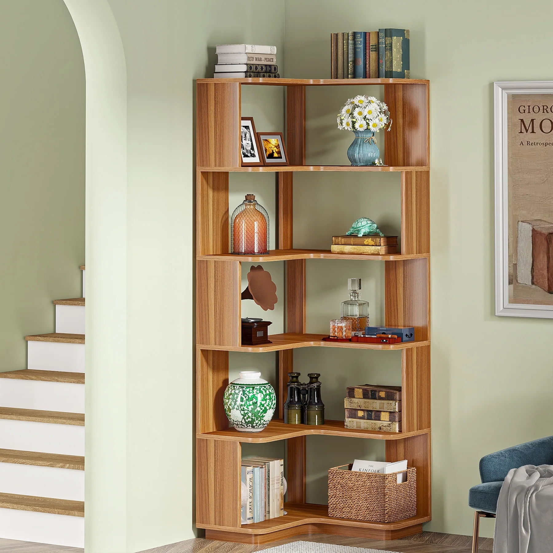 64.9 Inch Tall 6-Tier Corner Bookshelf, Freestanding Wood Industrial Bookcase - Image 15