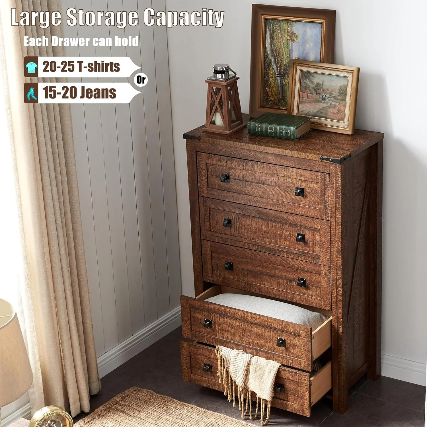48 Inch Tall Farmhouse Wood Dresser, 5 Drawer Chest of Drawers for Bedroom - Image 14