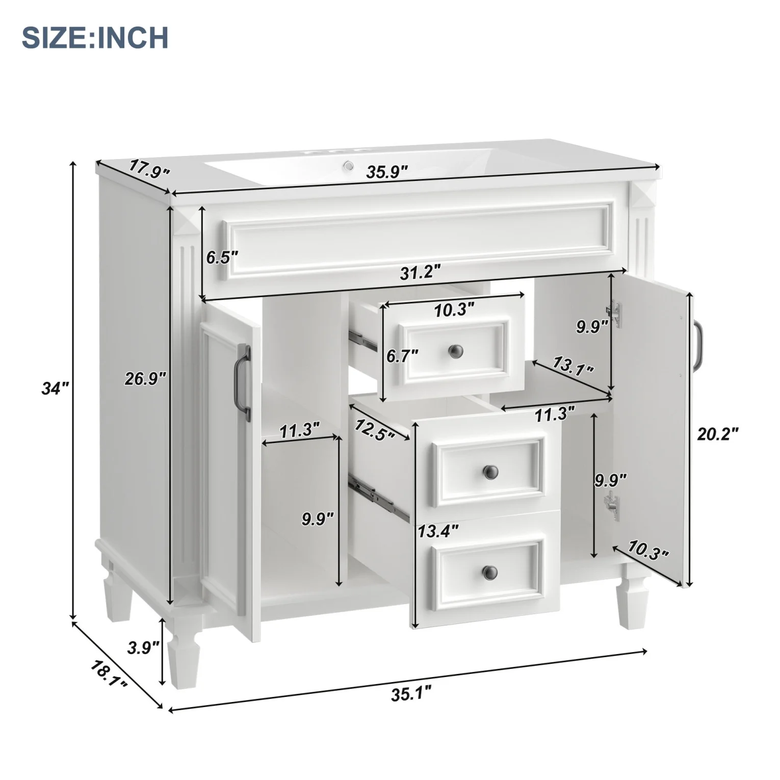 Modern Bathroom Furniture Set, 36" Bathroom Vanity with Top Sink, 35" Wall Mounted Bathroom Storage Cabinet, Mirror Cabinet with 6 Shelves, Storage Cabinet with 2 Doors and 2 Drawers, Grey - Image 19