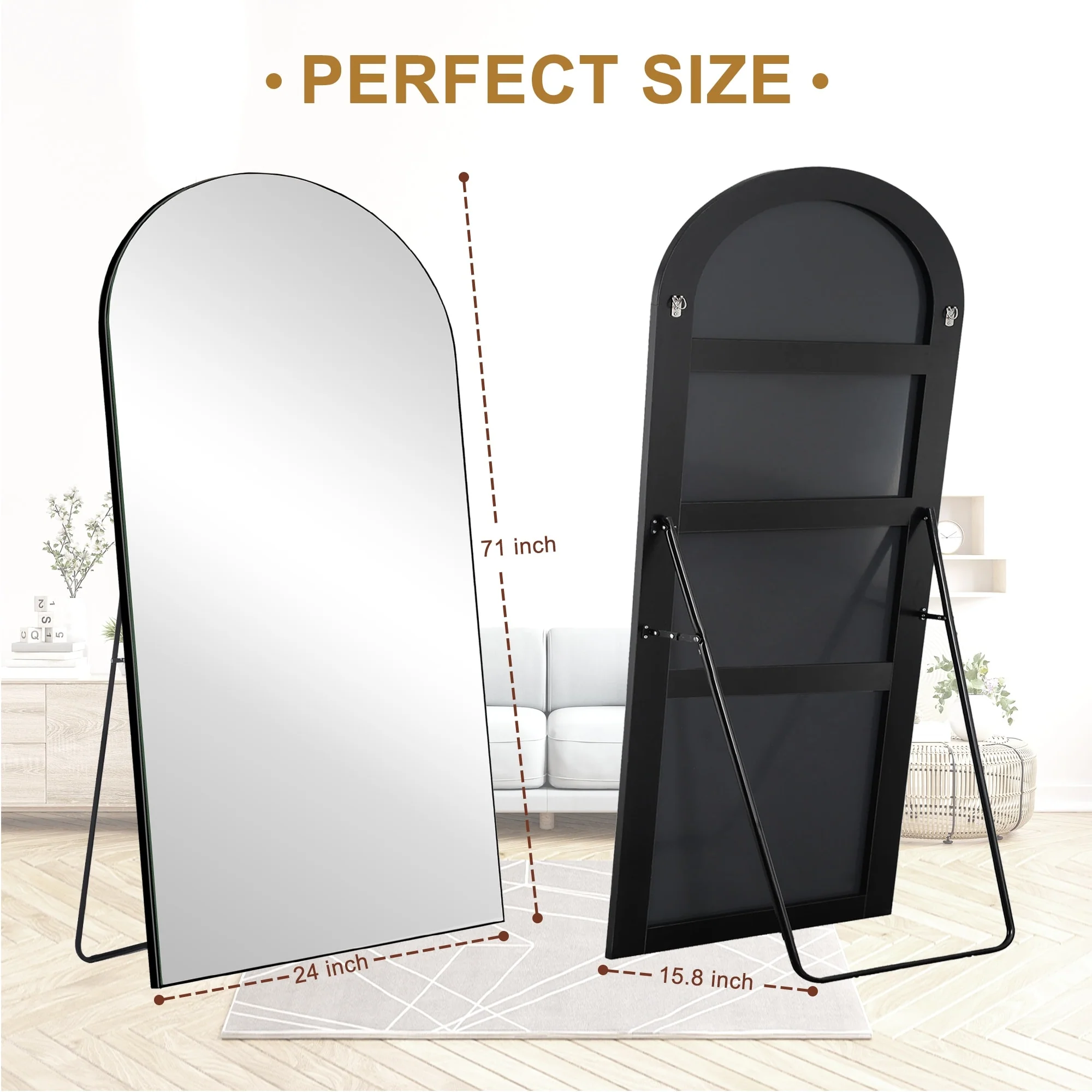 Arched Full Length Wood Floor Mirror, Full Body Standing and Wall Mounted Mirror for Bedroom, Living Room and Home Decor - Image 30