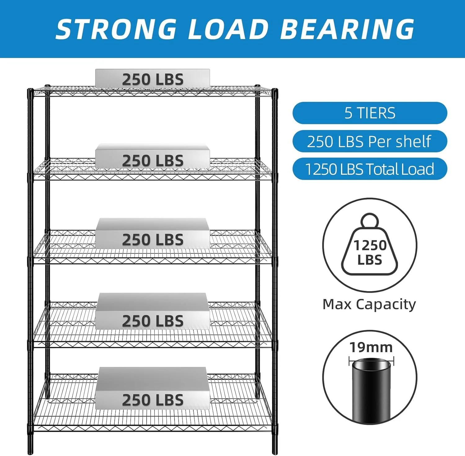 5-Tier Wire Storage Shelves, Adjustable Metal Heavy Duty Storage Rack for Office, Kitchen, Bedroom, Bathroom, Laundry, Pantry Basement, Garage, Black - Image 7