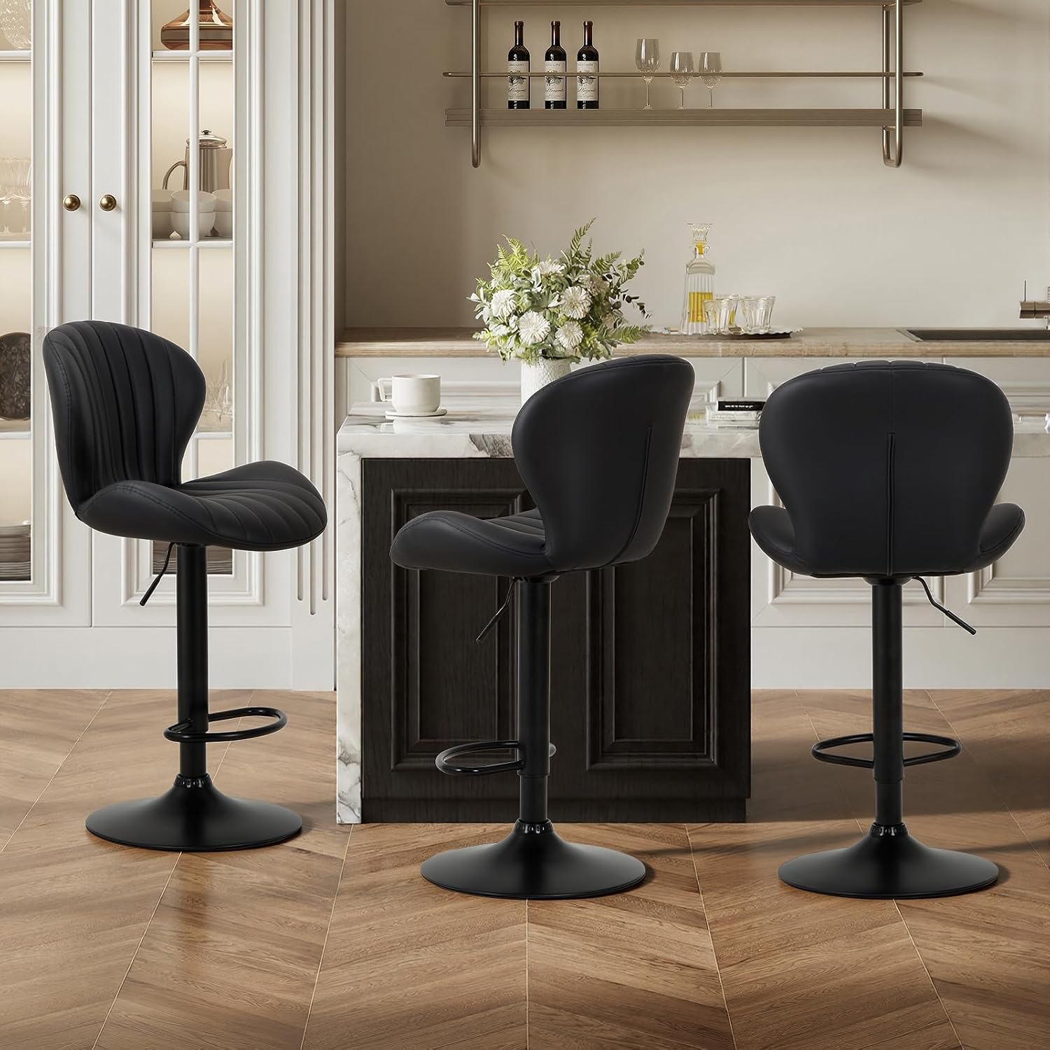 Bar Stools Set of 6, Modern Swivel Bar Chairs, Adjustable Faux Leather Upholstered Barstools Counter Height with High Backrest for Bar, Kitchen Island, Dining Room, Black - Image 9