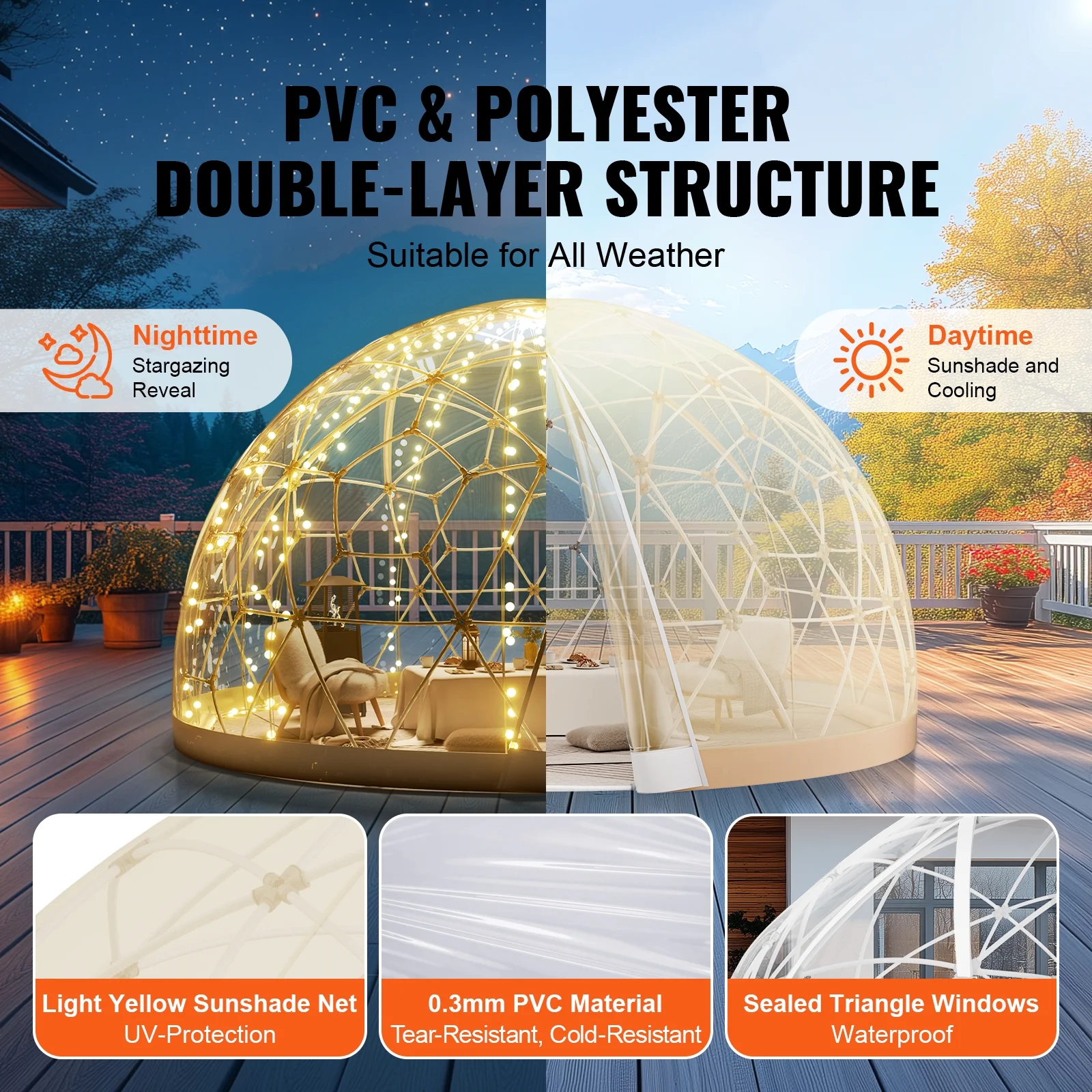 KFFKFF Dome Bubble Tent, 9.5FT Dual Cover (Clear & Light Yellow), Outdoor Spherical Shelter, Enhanced Garden Igloo, Weatherproof Pod for Camping, Patio, Outdoor Dining, Backyard Gatherings - Image 9