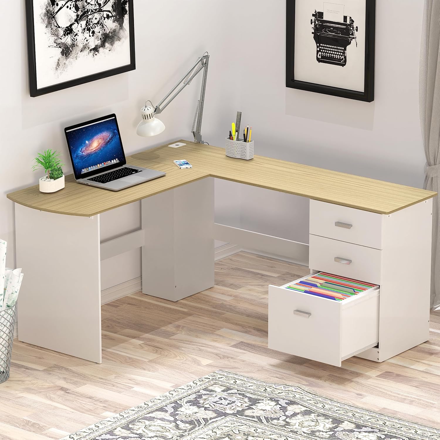 L-Shaped Home Office Wood Corner Desk w/ Box File Drawers, Black - Image 2