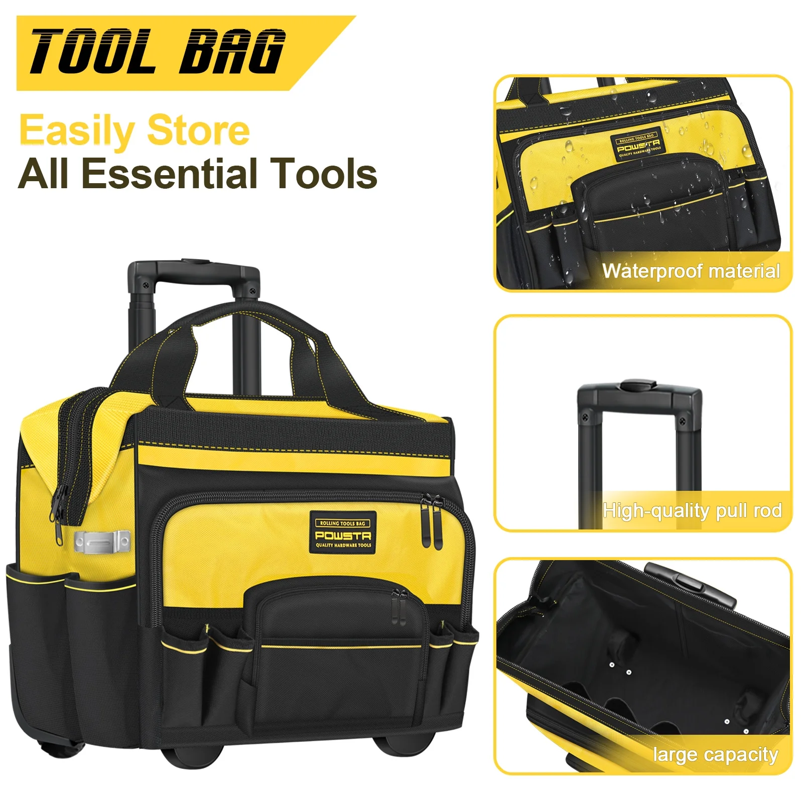 18" Rolling Tool Bag with Wheels, 15-Pocket Heavy Duty Rolling Tool Storage Bag with Retractable Handle for Construction, Carpentry, Repair - Image 2