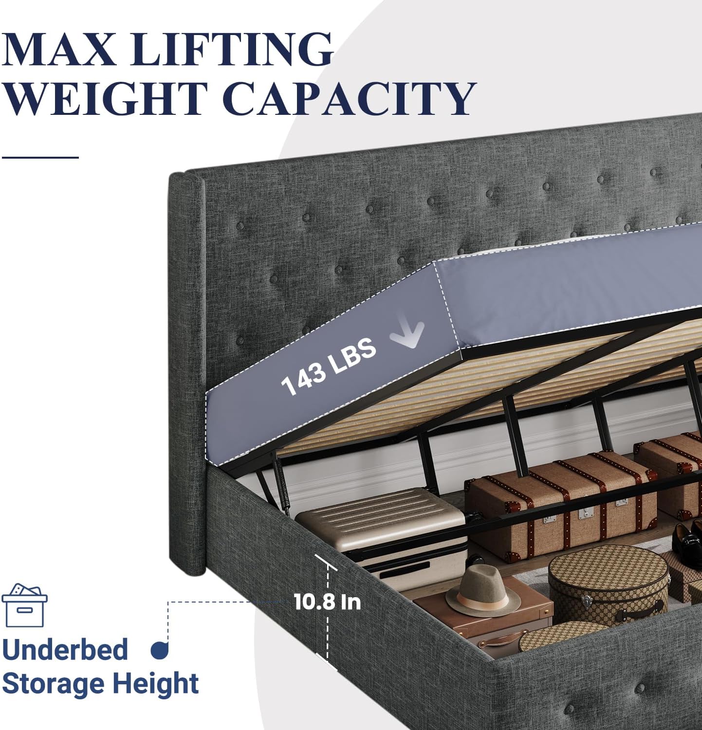 Queen Size Lift Up Storage Bed with Wingback Headboard, Upholstered Platform Bed Frame with Hidden Storage - Image 75
