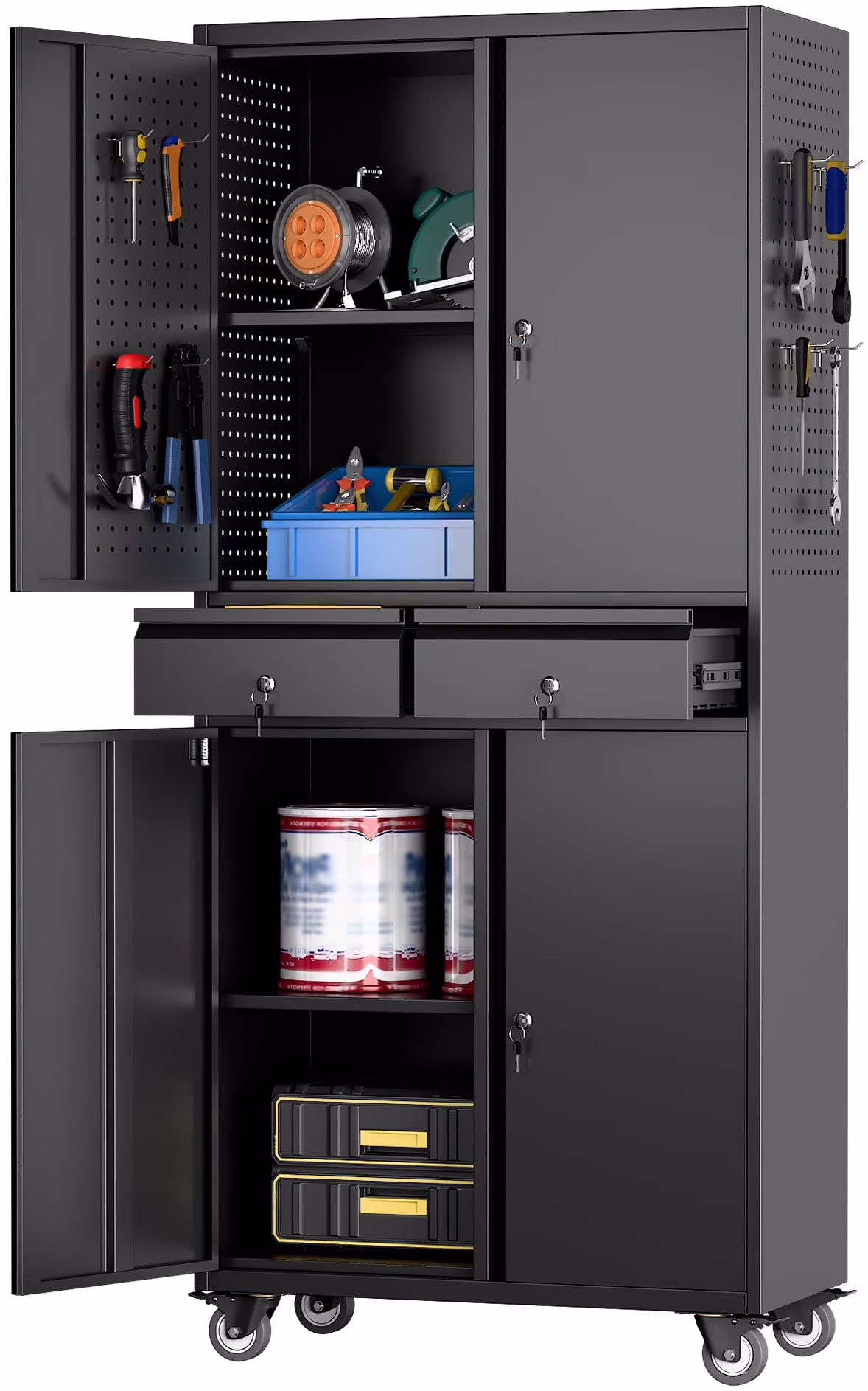 SUPEER 71" Metal Storage Cabinets with Wheels and Pegboards, Industrial Cabinet with 2 Drawers and 2 Adjustable Shelves,, Assembly Required