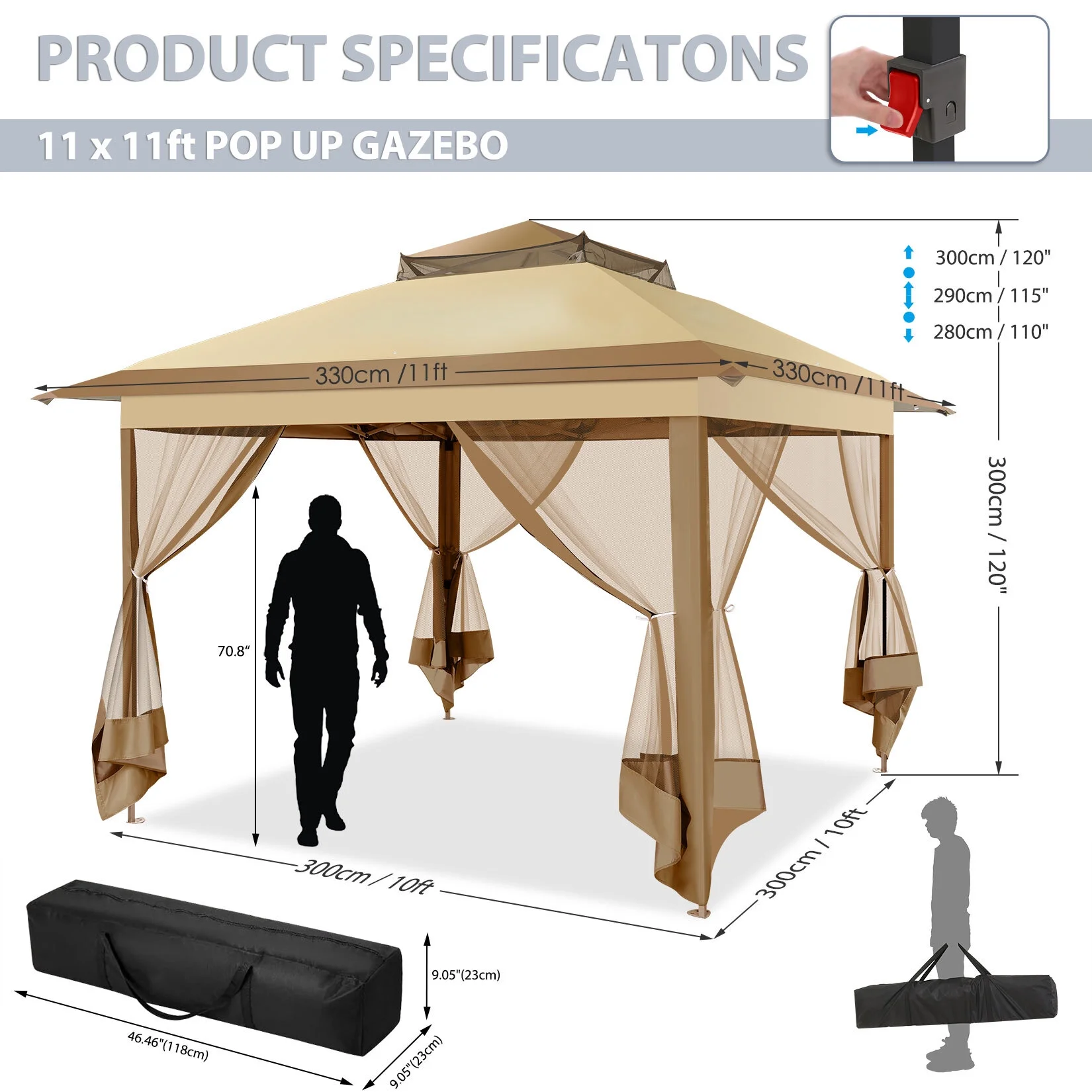COBIZI 11x11 Pop up Gazebo Outdoor Canopy Gazebo Patio Gazebo with Mosquito Netting Canopy Shelter with 121 Square feet of Shade for Poolside, Garden, Party and Backyard, Khaki - Image 4