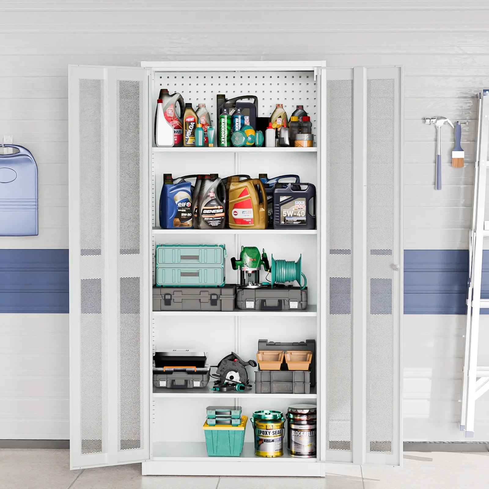 Ktaxon 71"H Metal Garage Storage Cabinet with 2 Mesh Doors, Garage Tool Storage Cabinet with Pegboards and 4 Adjustable Shelves, Locking Steel Tool Cabinets for Garage, Office, Workshop, Warehouse - Image 8