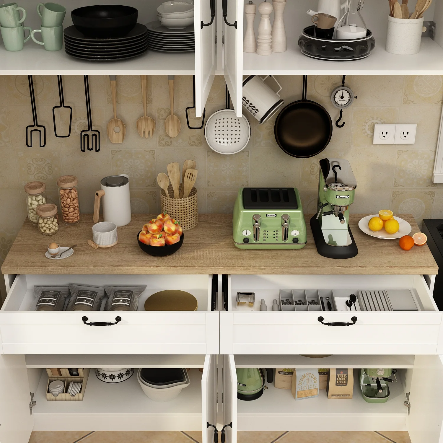 KULAGAGA Kitchen Cabinet with Wall Mounted Hutch, Sideboard Storage Cupboard with Drawers for Home, White - Image 7