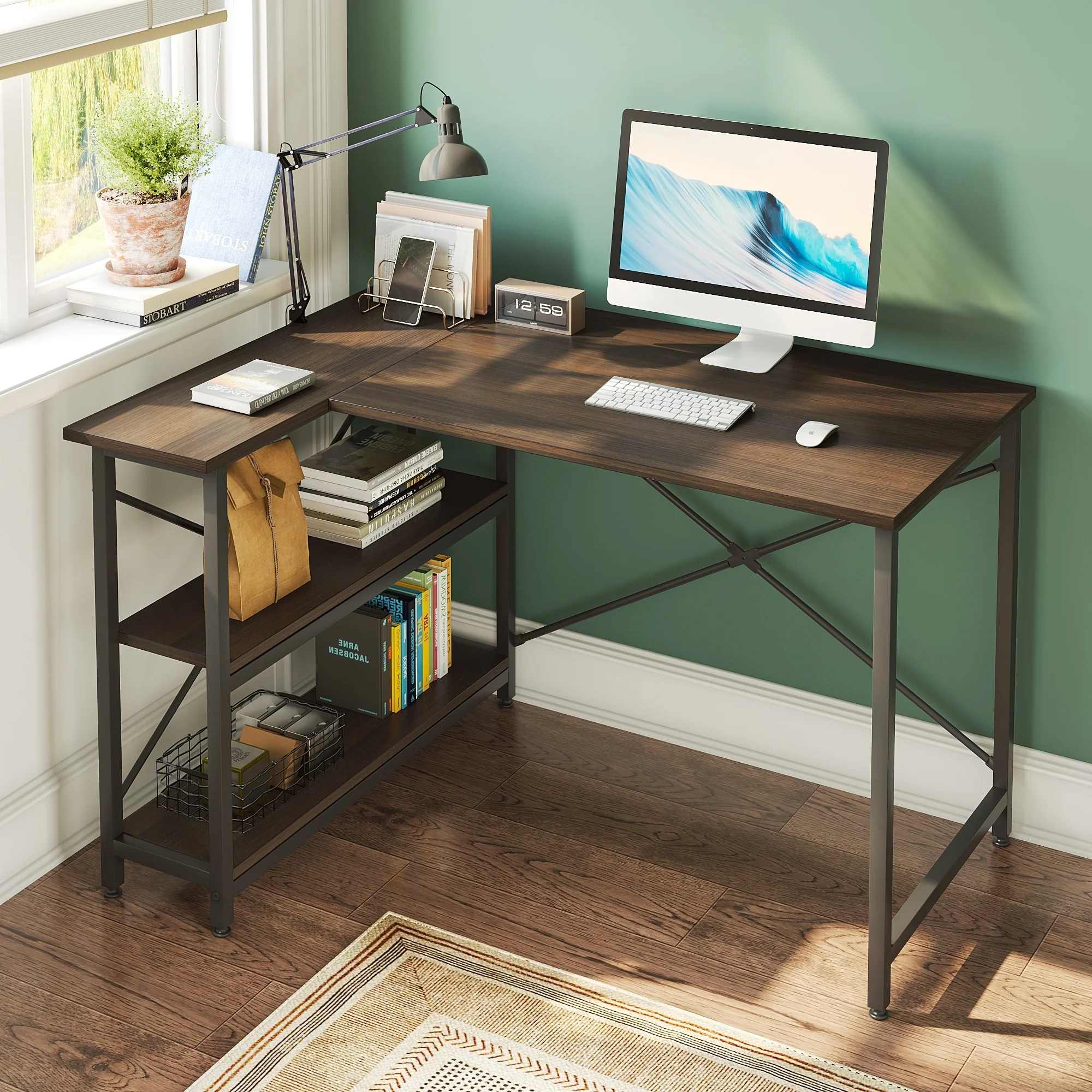 Small L Shaped Computer Desk with Storage Shelves, Compact Corner Workstation for Home Office and Study - Image 3