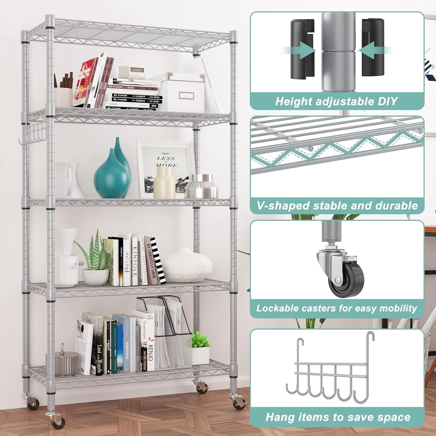 5-Tier Storage Shelf Wire Shelving Unit on Wheels, Adjustable Heavy Duty Metal Shelves with Side Hooks, Steel Rack Organization for Kitchen Garage Basement, Silver - Image 7
