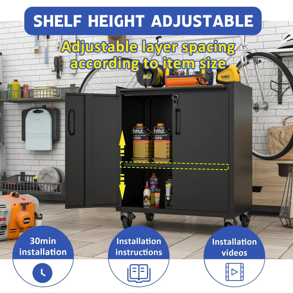 Tcbosik Rolling Storage Cabinet with Storage, Metal Tool Cabinet with Adjustable Shelf and 2 Doors, Lockable Storage Cabinet for Home Office Garage Basement, Black - Image 10