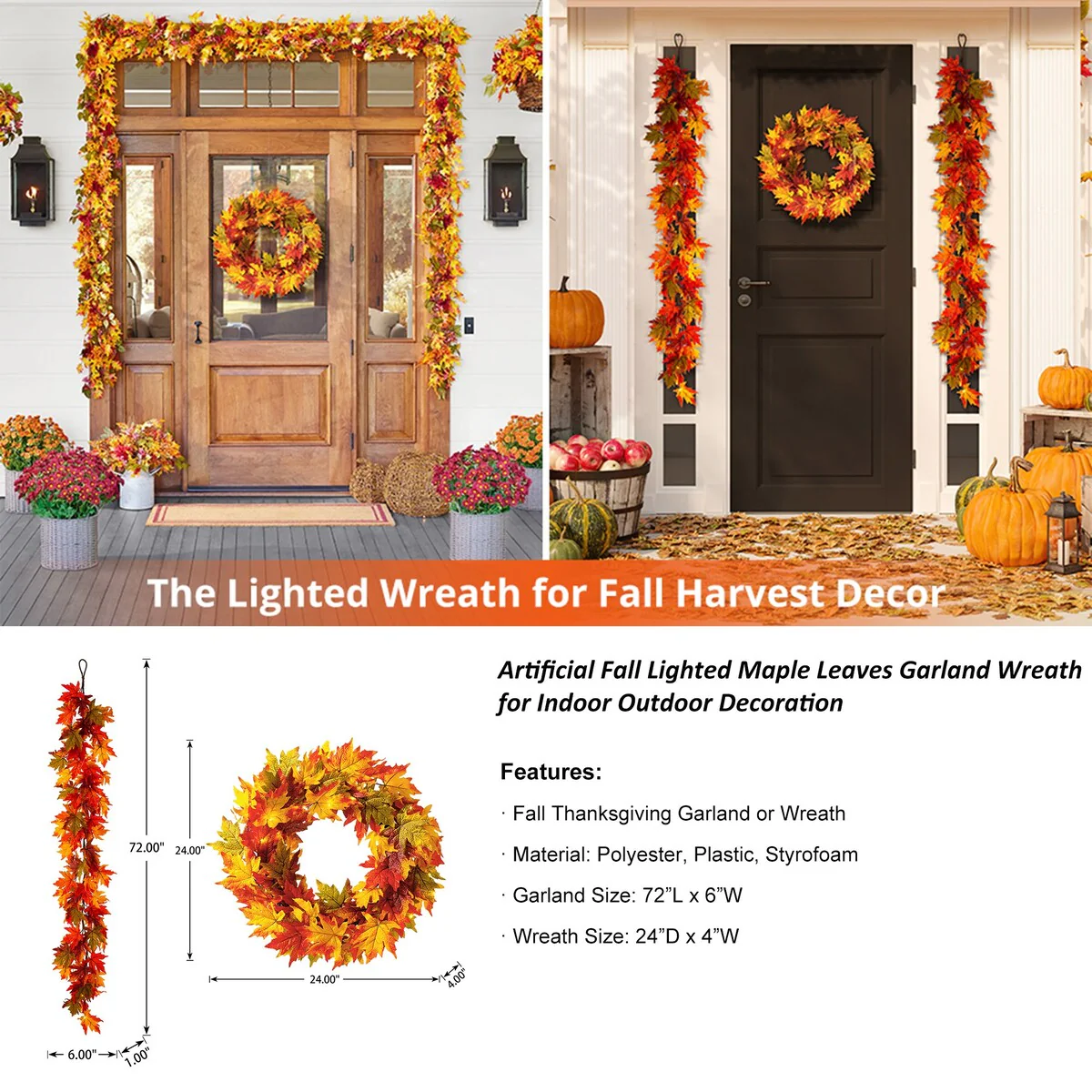 Thanksgiving LED Lighted Fall Maple Leaf Wreath and Garland - Autumn Home Decor - Image 25