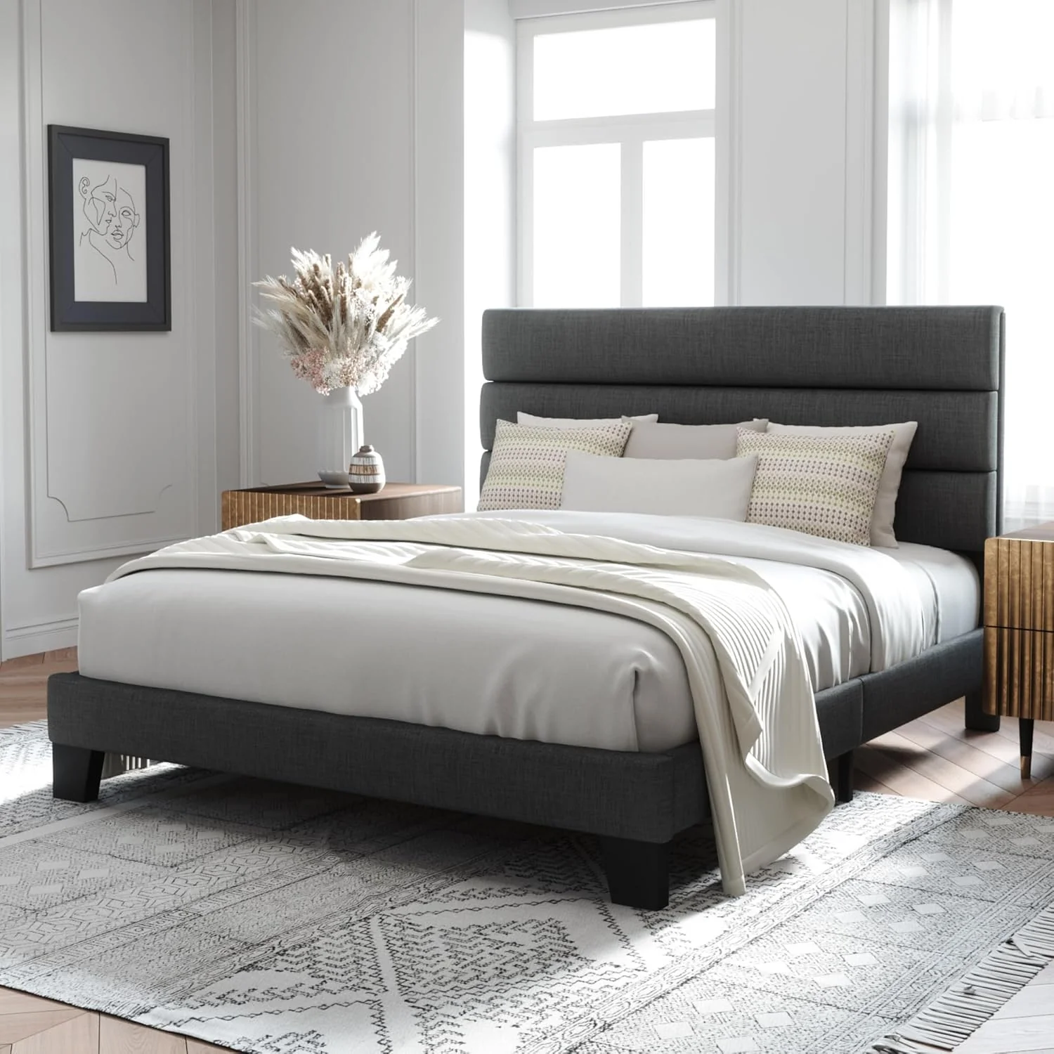 Queen Size Upholstered Platform Bed Frame, Dark Gray Fabric Bed with Headboard for Bedroom - Image 3