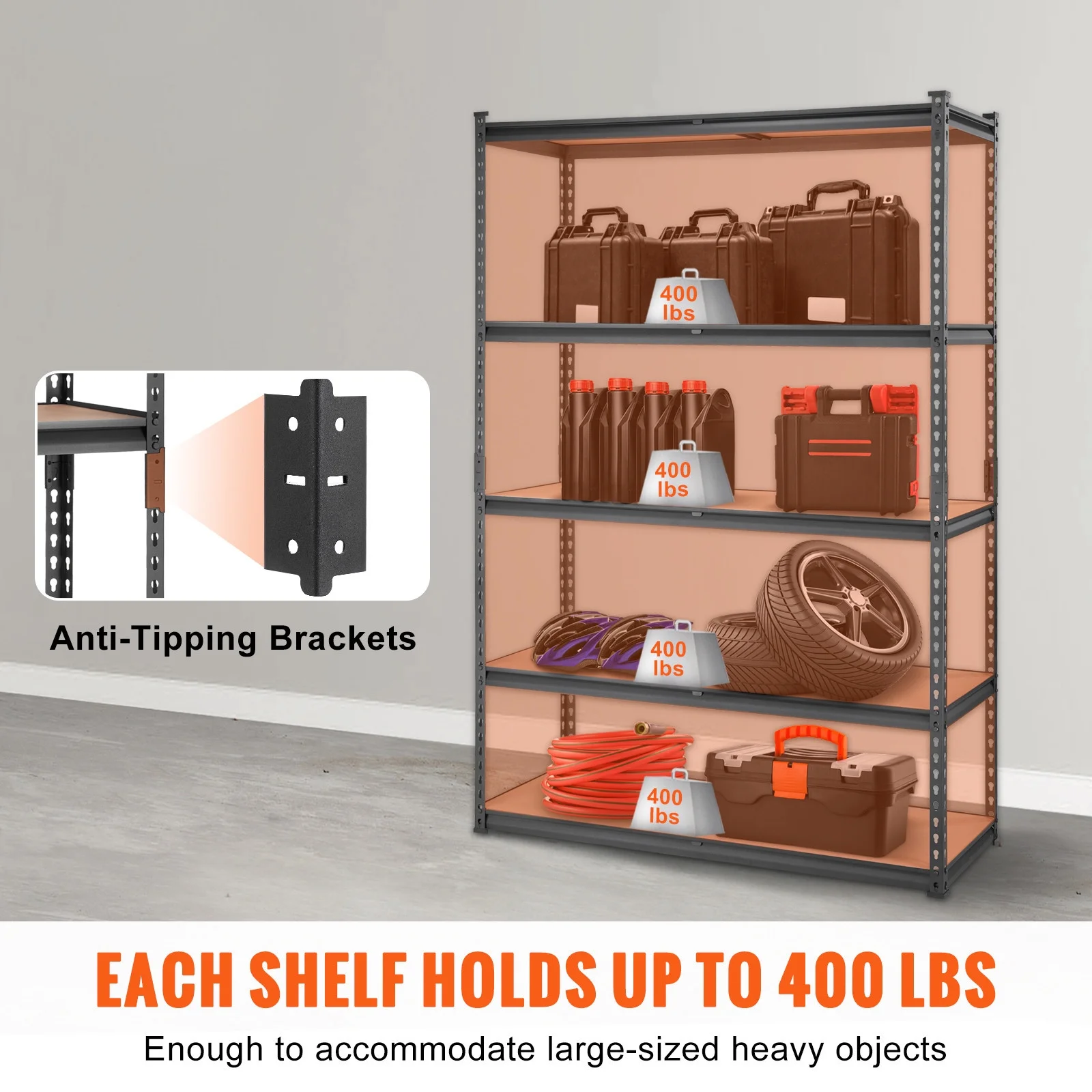 BHUIK 5-Tier Heavy Duty Garage Storage Shelving Unit, 48"W x 18"D x 72"H Adjustable Metal Rack, 2000 lbs Capacity, Industrial Black Steel Shelves for Basement, Kitchen, Utility or Laundry Room - Image 4