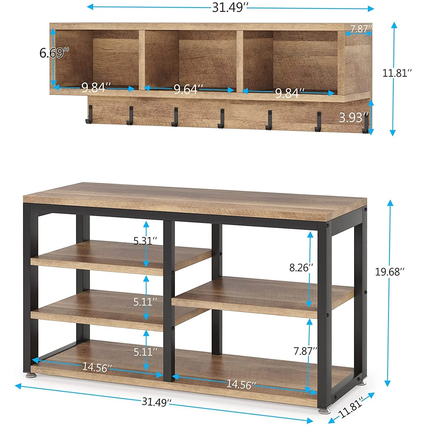 Entryway Coat Rack and Shoe Bench Set, Industrial Hall Tree with Coat and Shoe Storage - Image 11