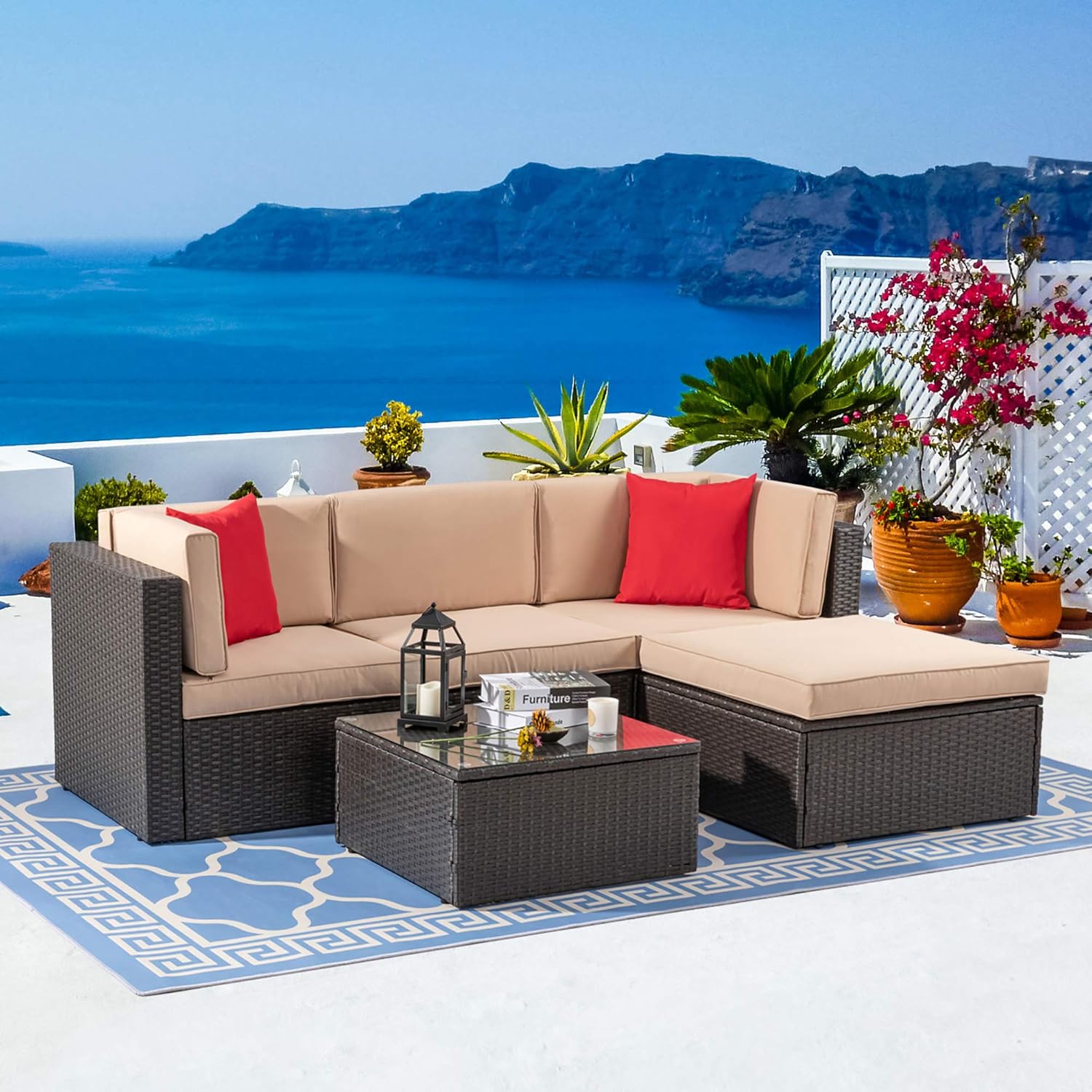 5-Piece All-Weather Patio Furniture Set with Ottoman, Outdoor Wicker Conversation Sofa Set with Cushions for Garden, Deck & Backyard - Image 4