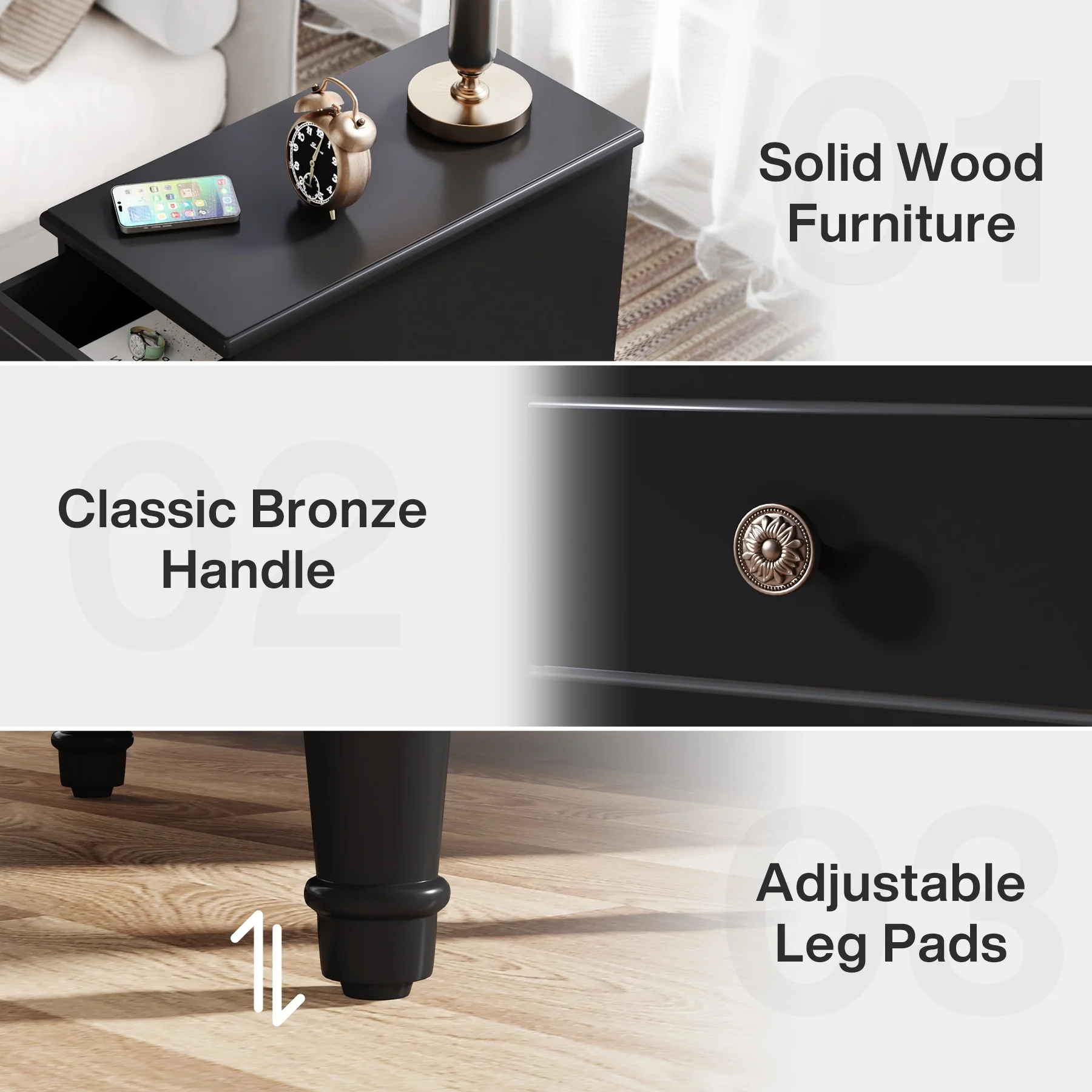 Fully Assembled Narrow End Table, Solid Wood Side Table with 3 Drawers, Vintage Nightstand for Small Spaces - Image 25