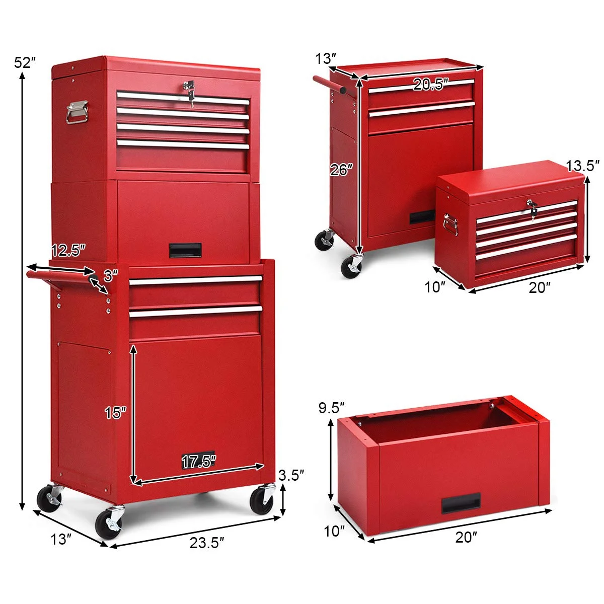 NIGSQJB 3-In-1 Tool Chest on Wheels with 6 Drawers, 52"H Tool Storage Cabinet with Auto Locking System,Detachable Top,Tool Box Organizer for Garage,Workshop,Repair Shop,DIY, Red - Image 11