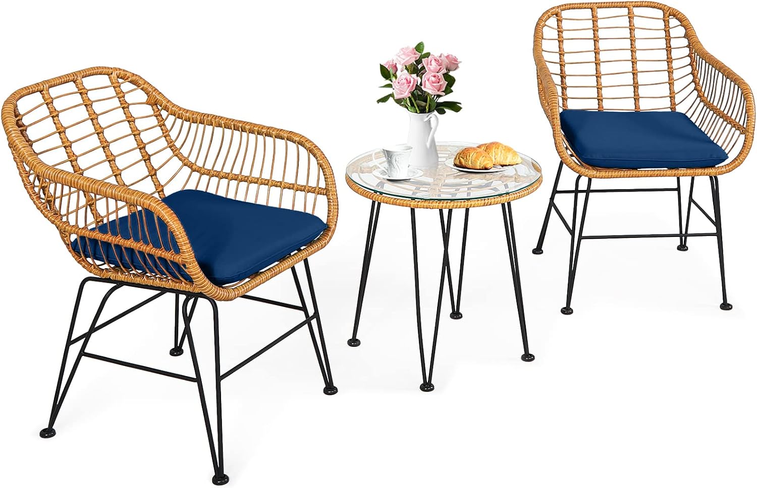 3 Pieces Patio Bistro Set, Rattan Conversation Set with 2 Cushioned Armchairs & Round Glass Coffee Table, Indoor Outdoor Wicker Furniture Set for Balcony, Backyard, Garden, Poolside - Image 11