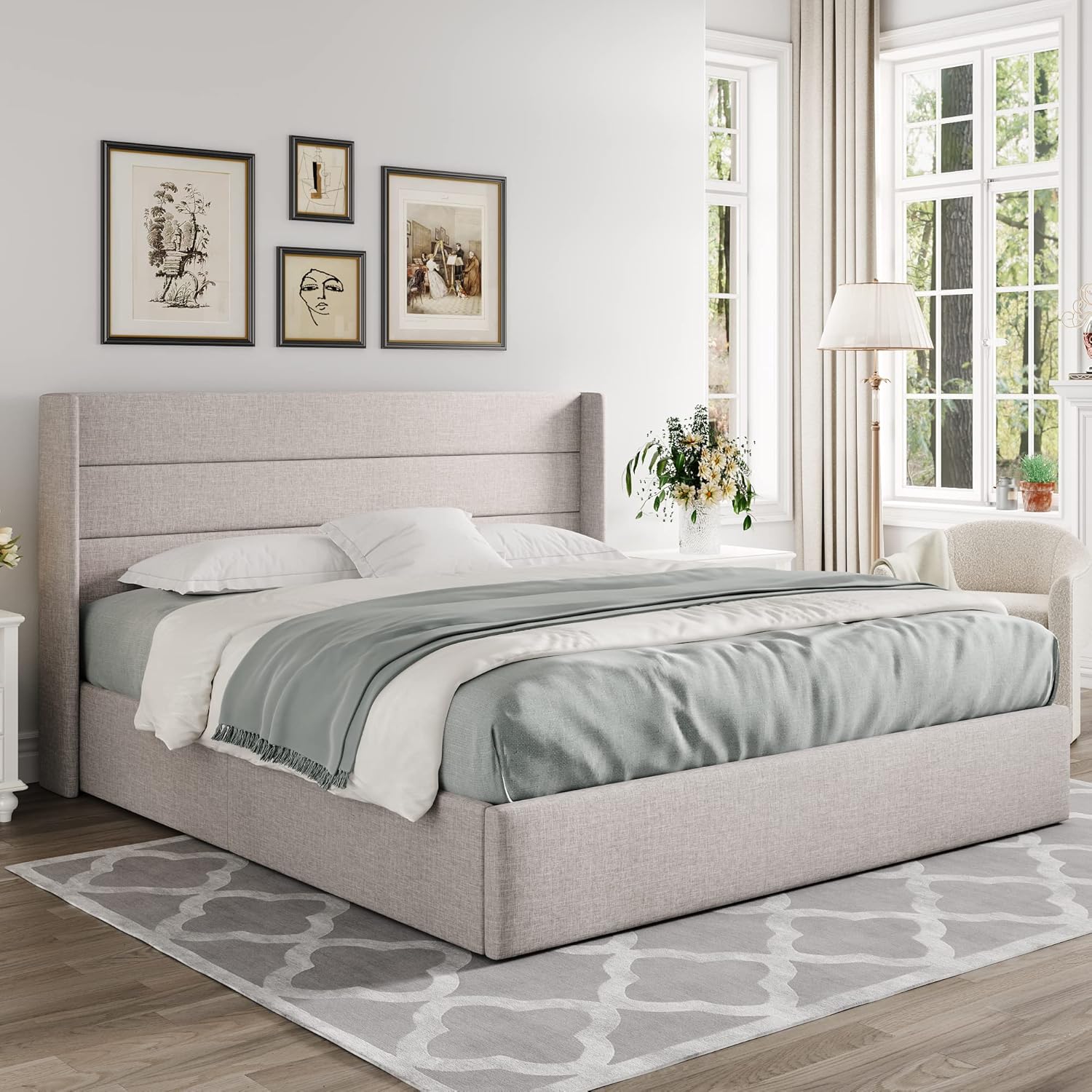 Queen Size Lift Up Storage Bed with Wingback Headboard, Upholstered Platform Bed Frame with Hidden Storage - Image 99