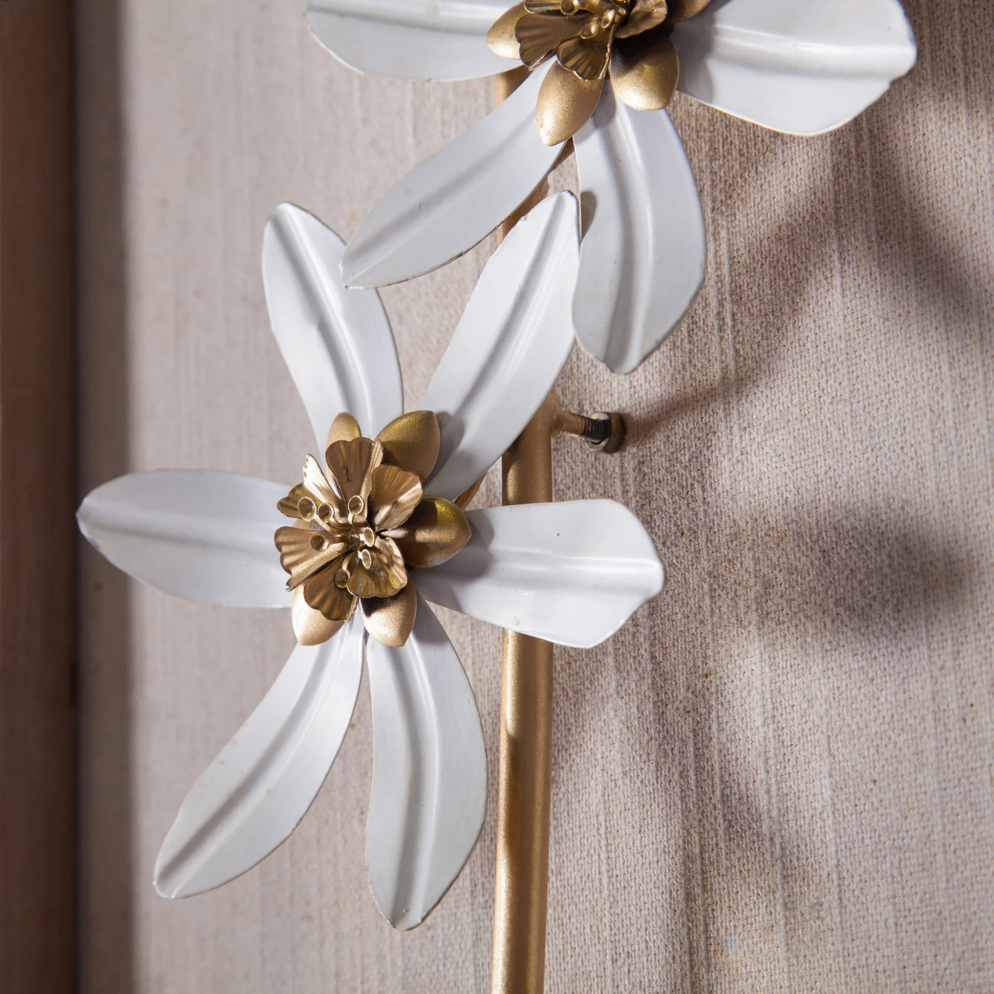 Set of 2 White and Gold Metal Flower Wall Decor with Wood Frames, Decorative Floral Wall Art - Image 6