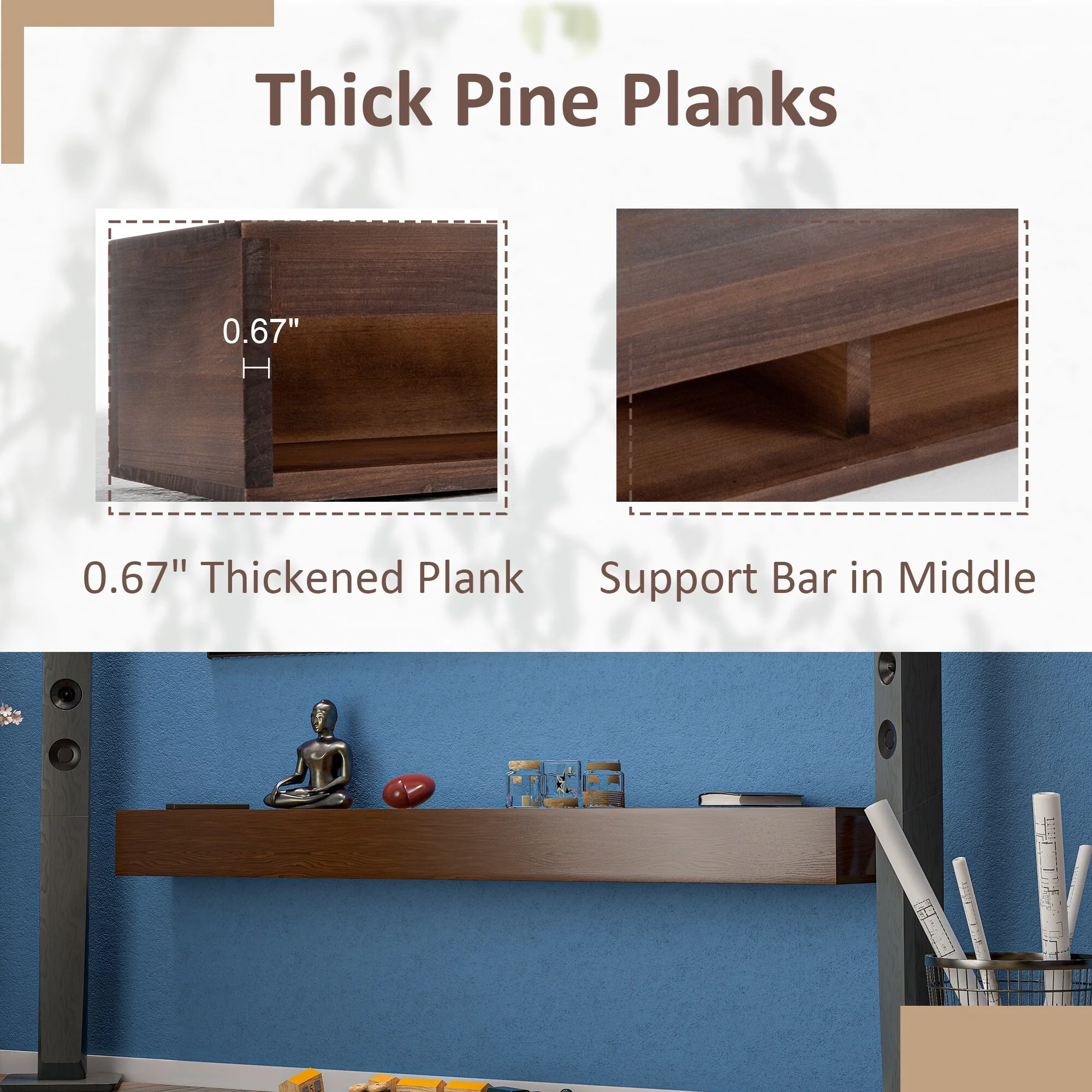 72 Inch Solid Pine Fireplace Mantel, Wall Mounted Floating Shelf in Brown - Image 9