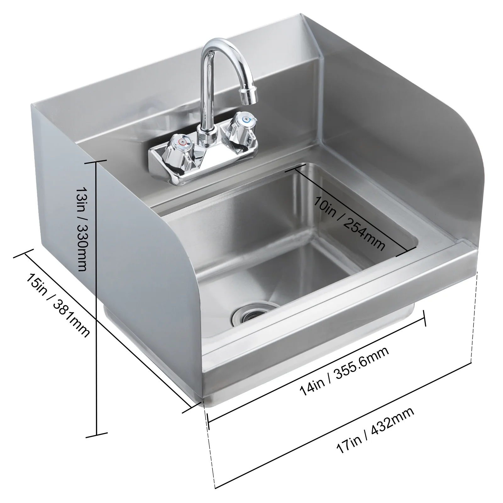 KFFKFF Industrial Hand Basin with Tap and Side Guard, Steel Basin for Cleaning, Compact Hand Cleaning Basin, Wall-Fitted Washbasin for Diner, Garage and Residence, 17x12.8 inch - Image 6