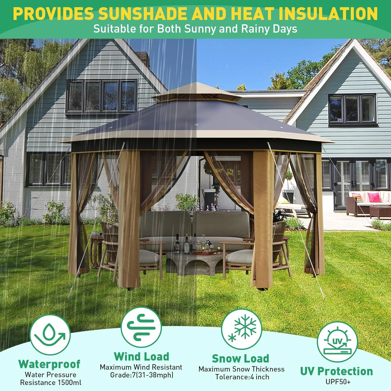 Pop Up Gazebo 13x13ft, Hexagonal Outdoor Canopy Shelter, Instant Patio Gazebo Tent with Mesh Netting and Strong Steel Frame for Patio Backyard Garden Wedding Party - Image 11