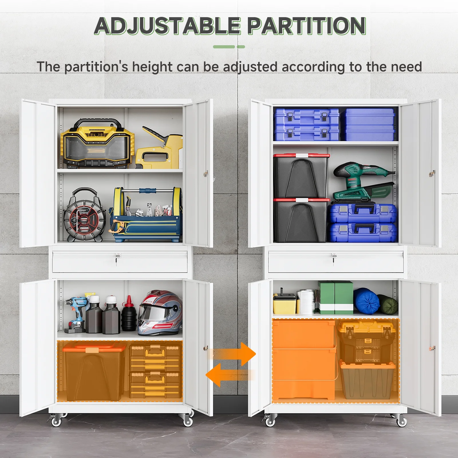STANI Metal Garage Storage Cabinets with Drawer, 4 Doors Tool Storage Cabinet with 2 Adjustable Shelves, 73"H Rolling Steel Locking Cabinet for Garage Utility Room Home Office (Black, 4 Wheel) - Image 15