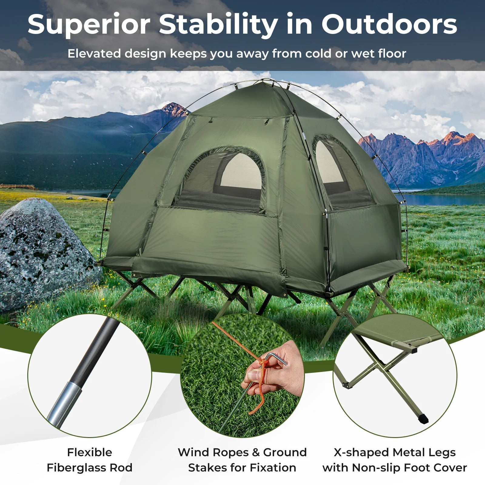 Patiojoy Folding 2-Person Camping Tent Cot Portable Pop-Up Tent with Sleeping Bag&Air Mattress for Outdoor Activity - Image 7