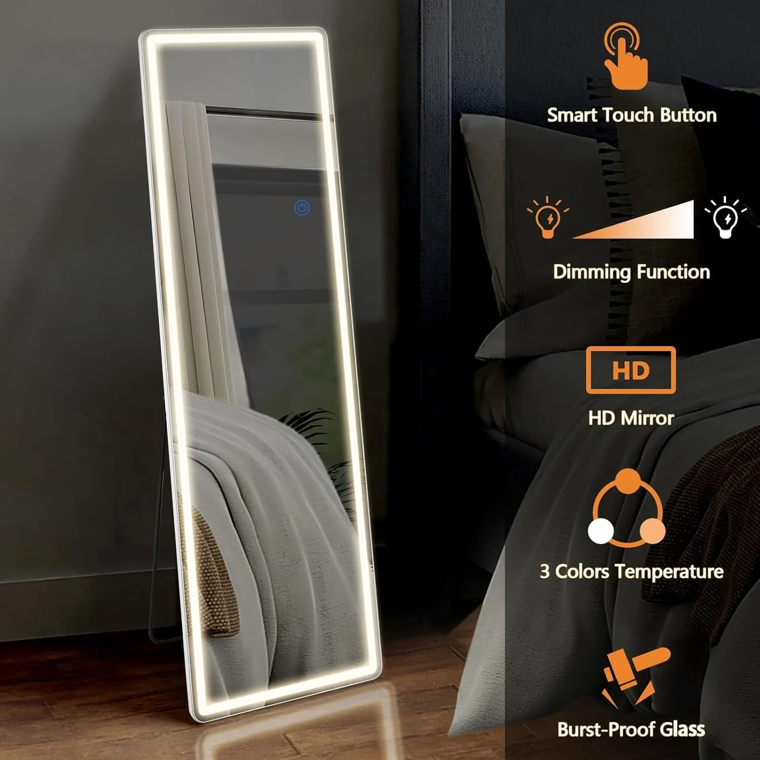 64 x 21 Inch Full Length LED Floor Mirror with Stand, Full Body Wall Mounted Mirror - Image 14