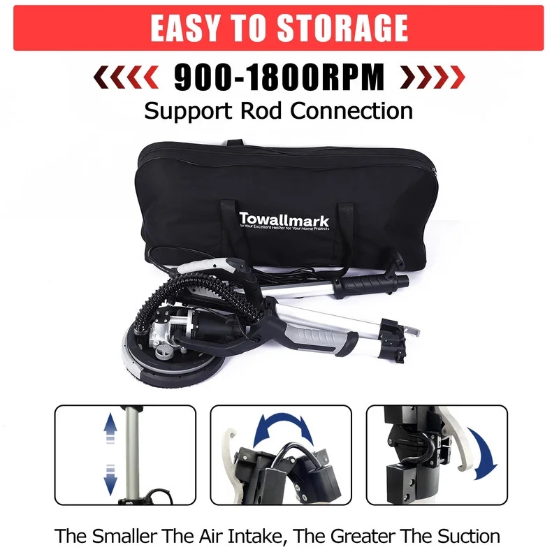 Towallmark 750W 7 Amp, Drywall Sander Electric, Popcorn Ceiling Removal Tool, 7 Speed 900-1800 RPM, with 14 Sanding Discs, Extendable Handle, Dust Hose Storage Bag - Image 6