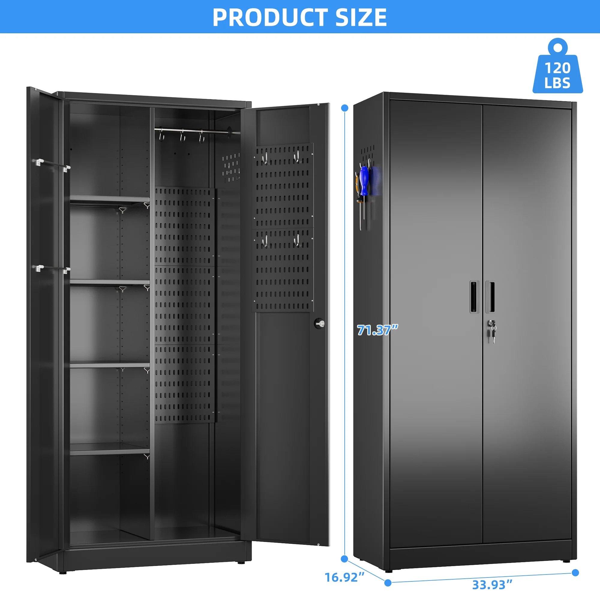 GAEANET 2 Door Metal Storage Cabinet with 5 Adjustable Shelves &Pegboard, 71" H-32" W-16" D Locking Steel Garage Cabinet, for Garage,Office,Home,Gym,School, File Cabinet,Assembly Required, Black - Image 42