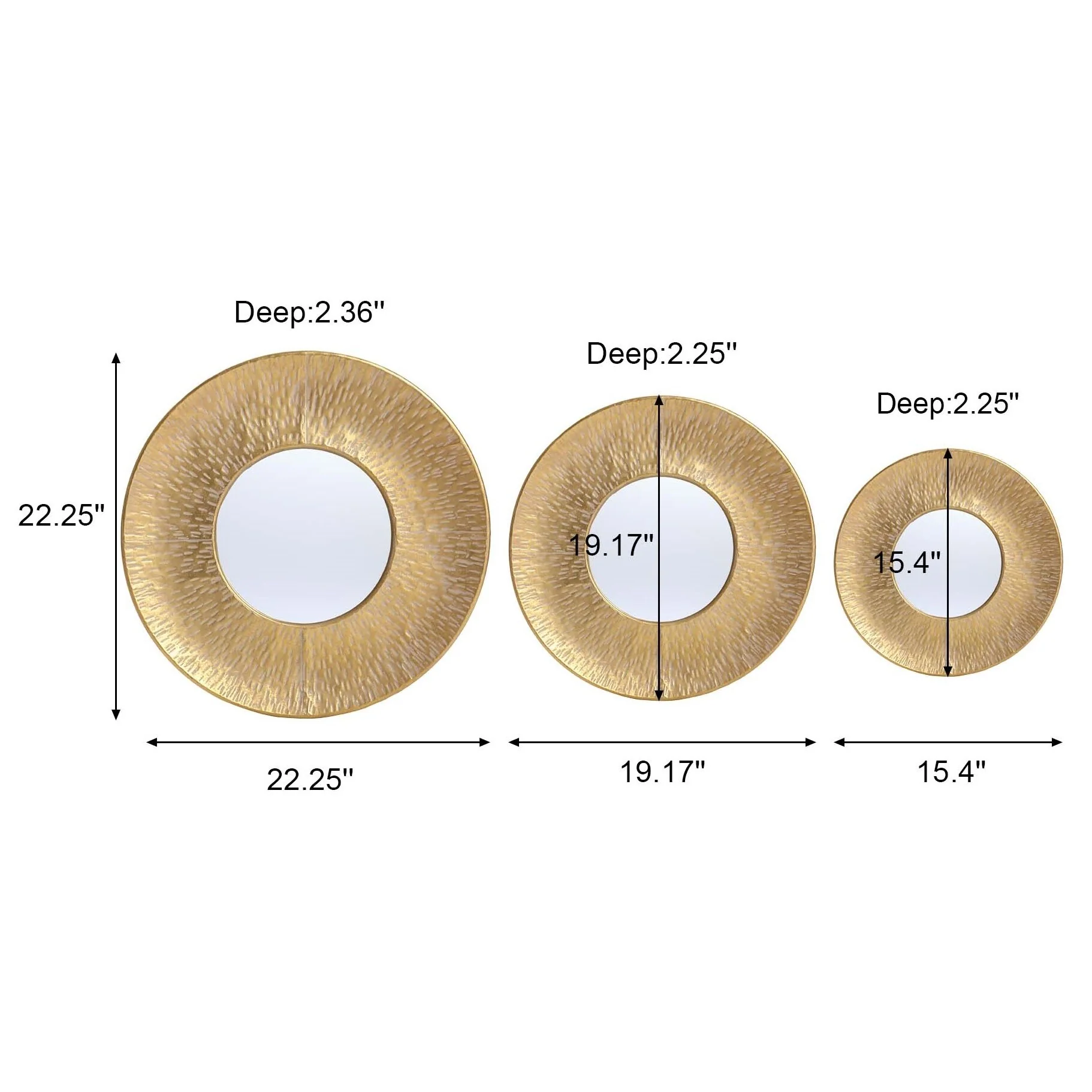 3-Piece Gold Metal Round Wall Mirror Set, 22.25" Diameter x 2.36" Deep, Decorative Wall Mirrors - Image 15