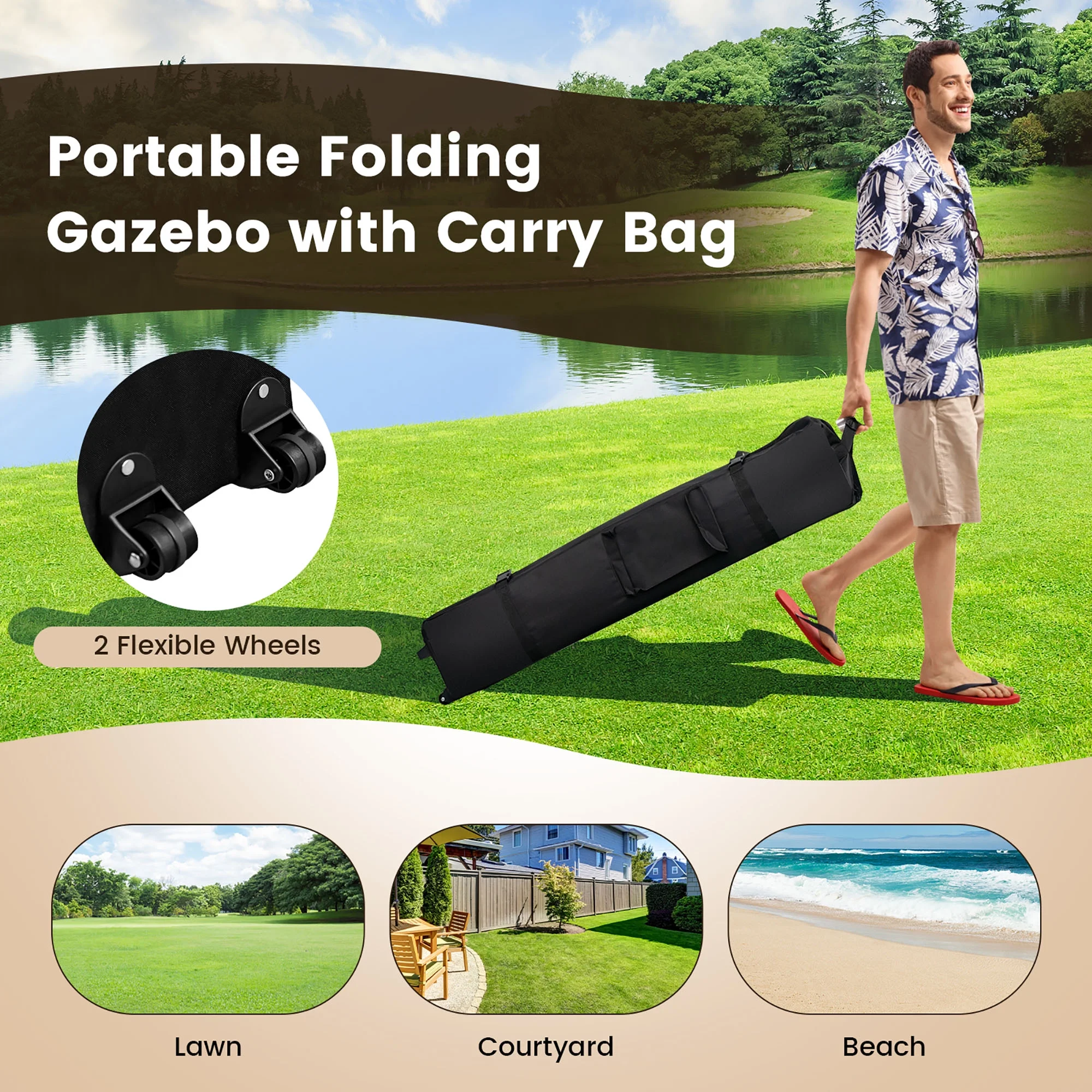 Costway 13x13ft Pop-up Instant Canopy Tent Mesh Sidewall UV50+ Adjust Outdoor Patio Khaki - Image 10