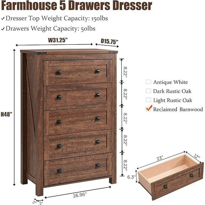 48 Inch Tall Farmhouse Wood Dresser, 5 Drawer Chest of Drawers for Bedroom - Image 16