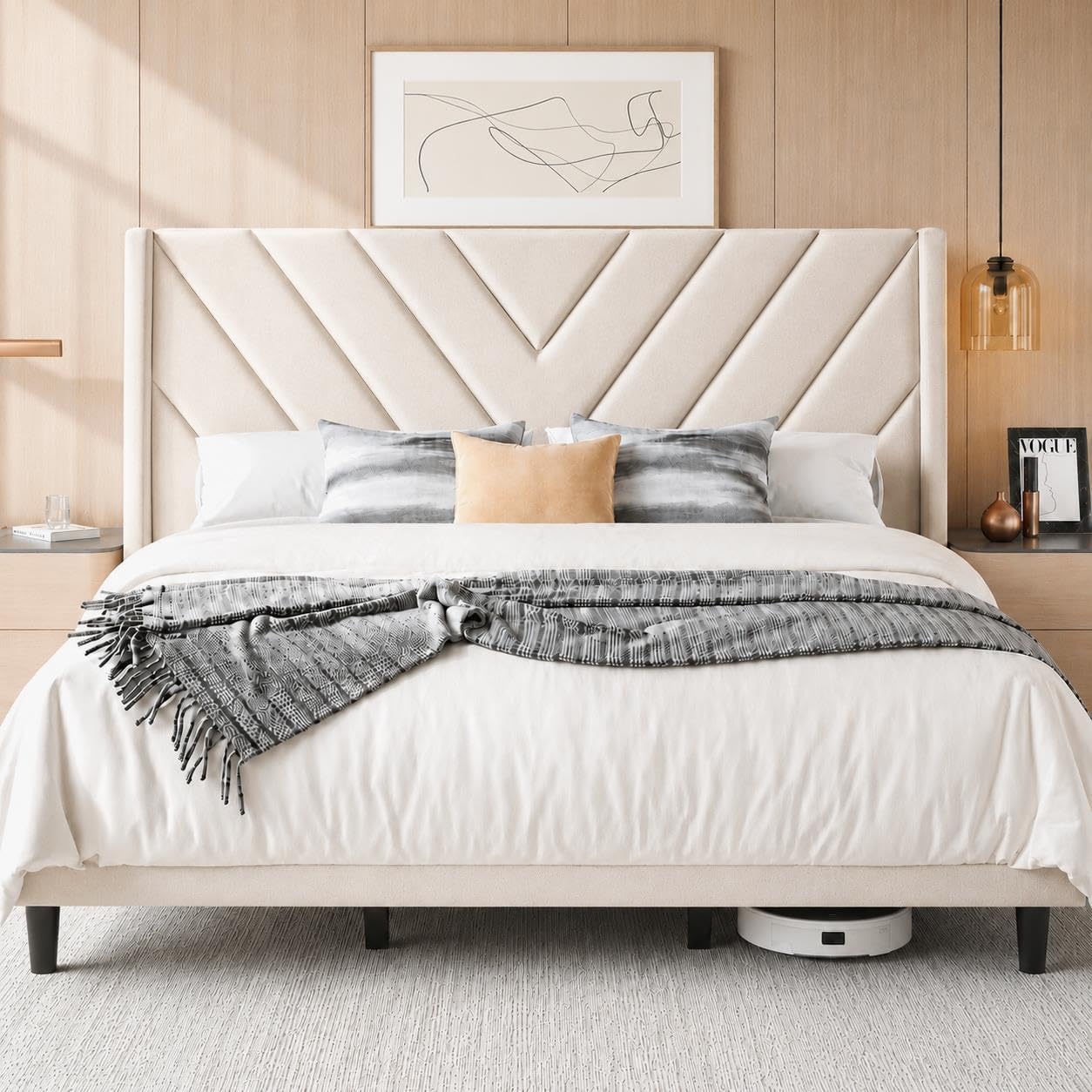 Twin Bed Frame with Chevron Channel-Tufted Headboard, Light Gray - Image 2