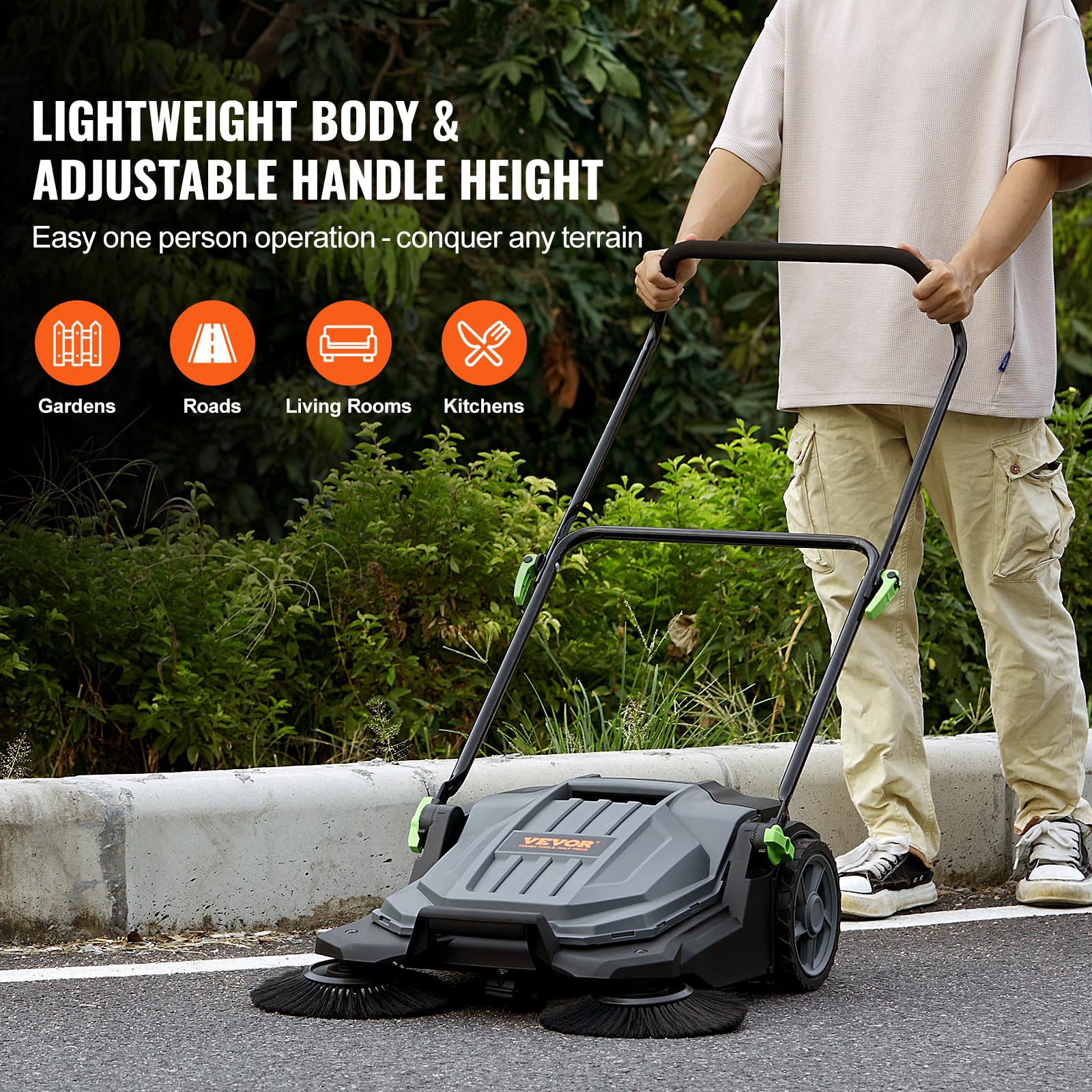 Walk-Behind Hand Push Floor Sweeper, 5-Gallon Waste Container, Manual Outdoor Sweeping Machine - Image 5